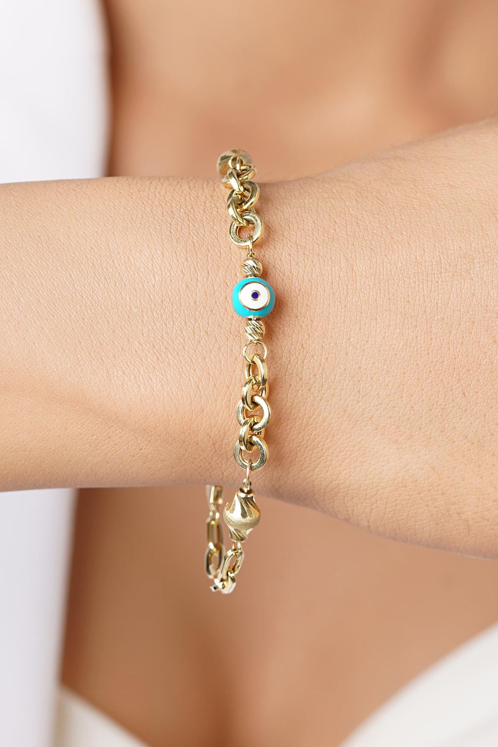 14ct Gold Paperclip Evil Eye Special Designed Bracelet