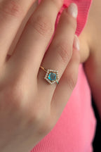 14ct Gold Pentagon Shaped Ring With Blue Aquamarine Stone