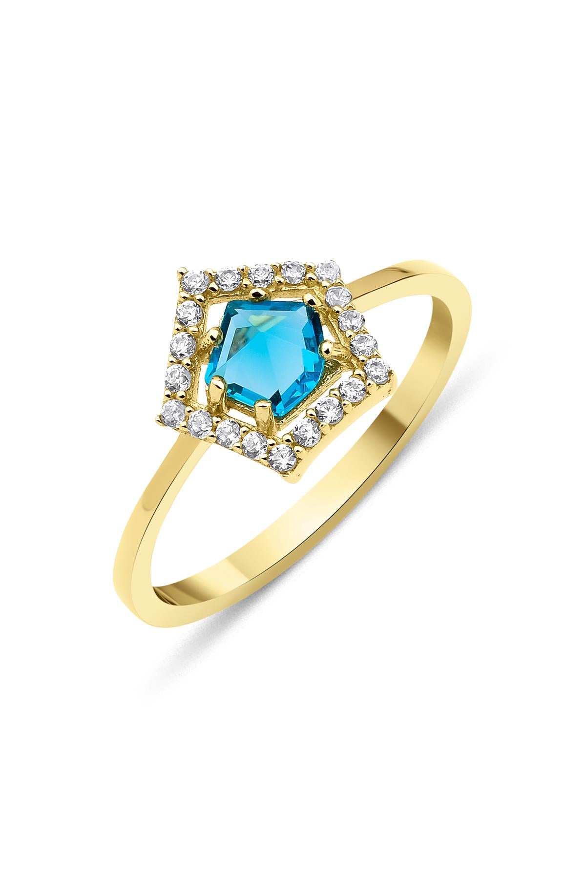 14ct Gold Pentagon Shaped Ring With Blue Aquamarine Stone