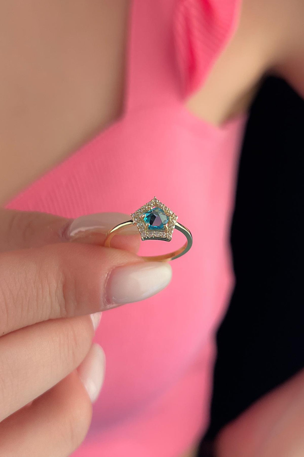 14ct Gold Pentagon Shaped Ring With Blue Aquamarine Stone