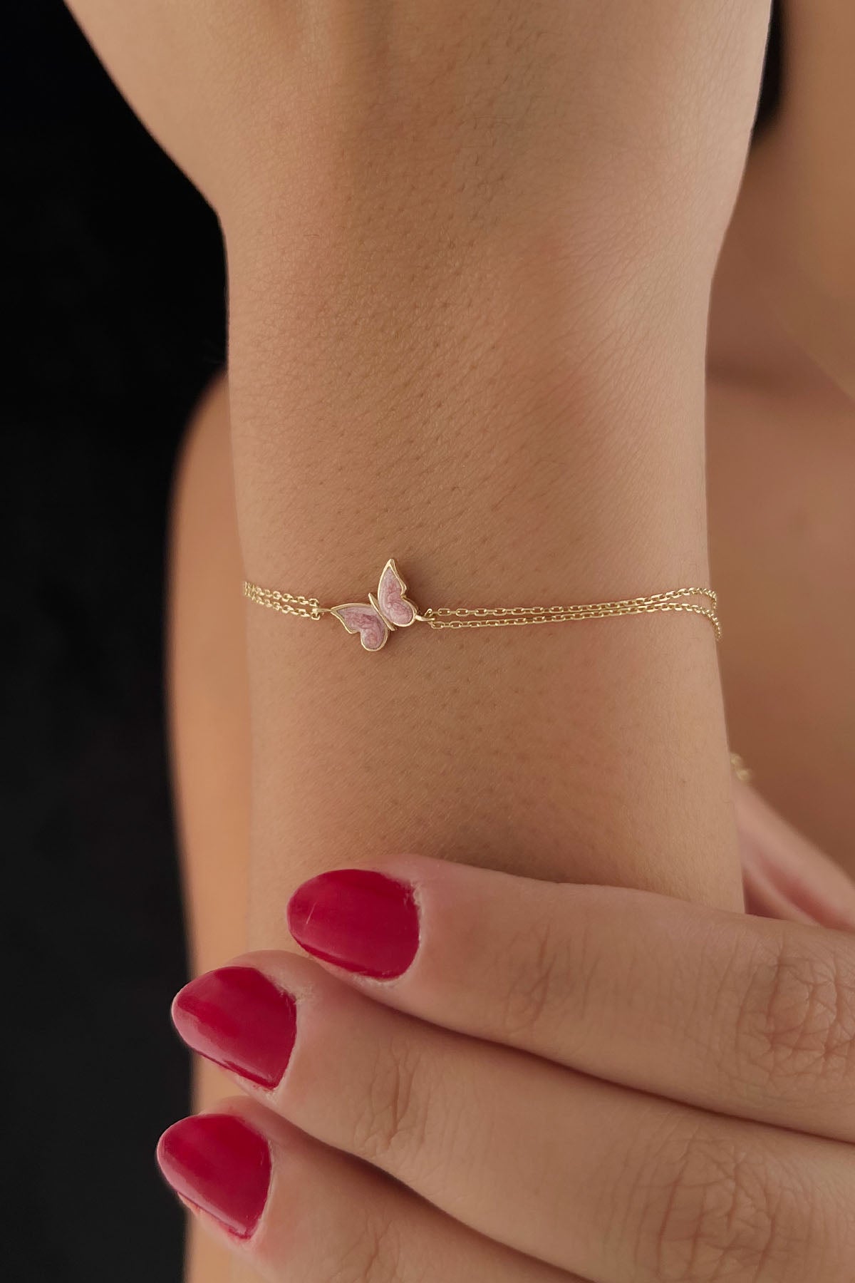 14ct Gold Pink Enamel Butterfly Bracelet