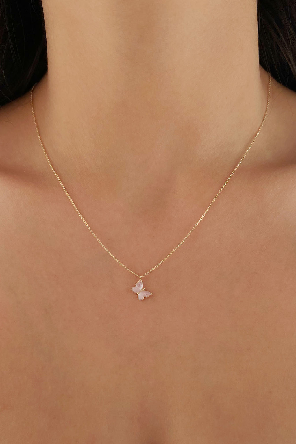 14ct Gold Pink Enamel Butterfly Necklace