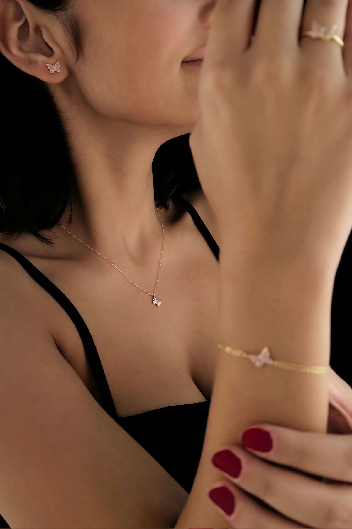 14ct Gold Pink Enamel Butterfly Shape Set