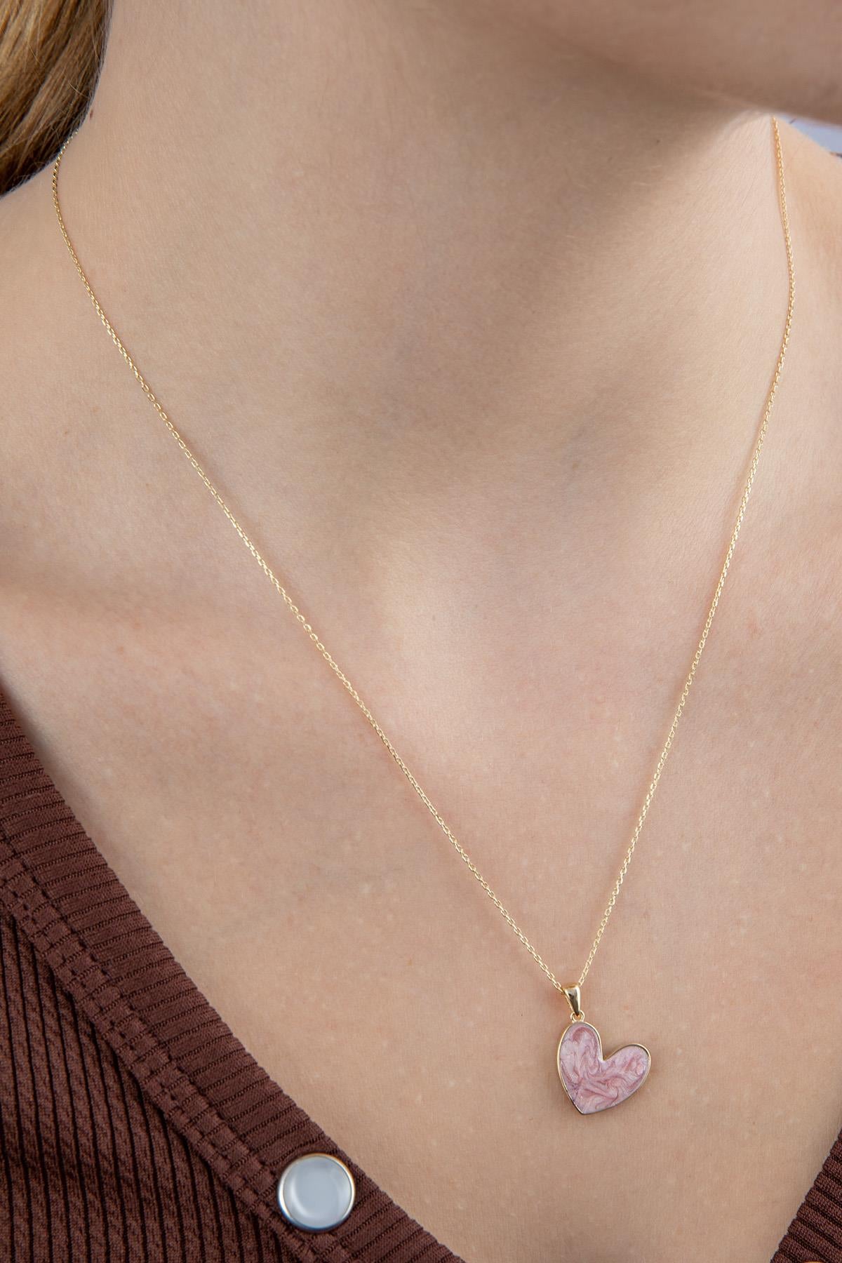 14K Gold Pink Enamel Heart Shape Necklace