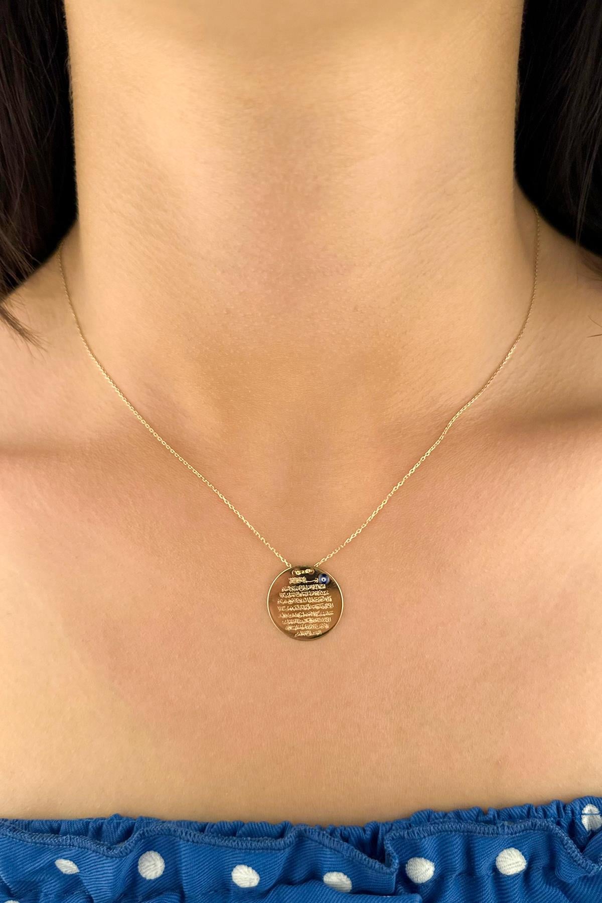 14K Gold Prayer Protection Written Round Evil Eye Necklace   0.708 inch