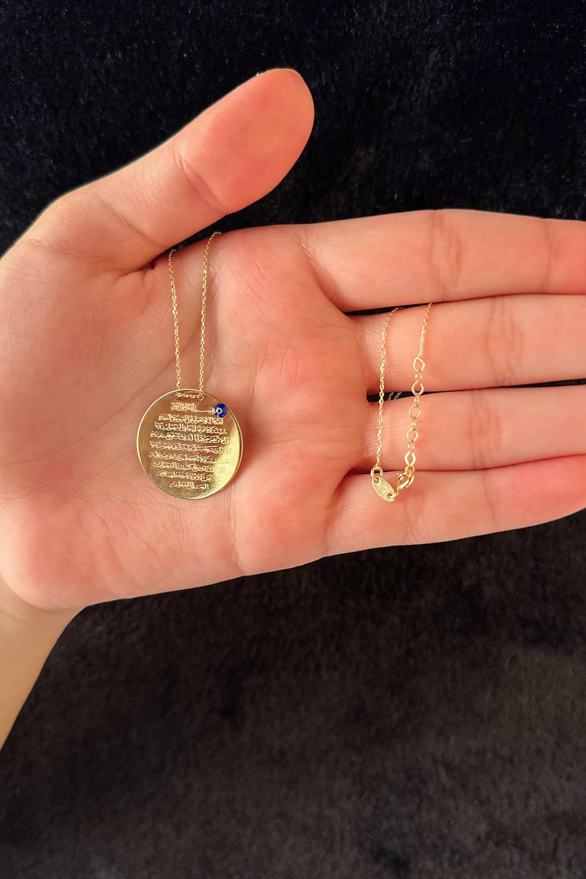 14ct Gold Prayer Protection Written Round Evil Eye Necklace   1.023 inch