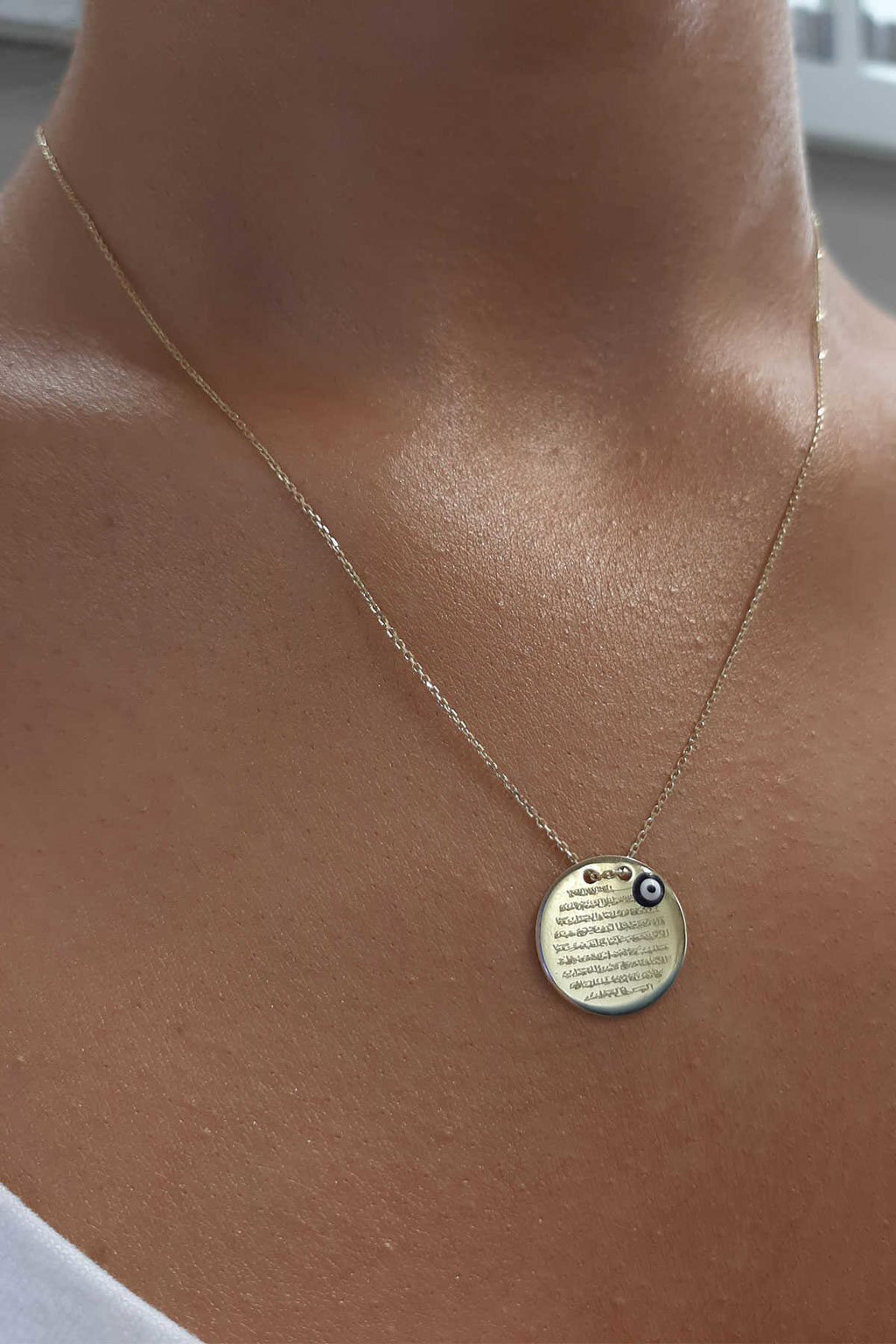 14ct Gold  Prayer Protection Written Round Evil Eye Necklace