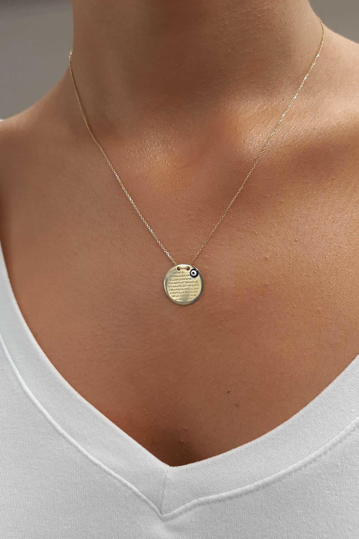 14K Gold  Prayer Protection Written Round Evil Eye Necklace