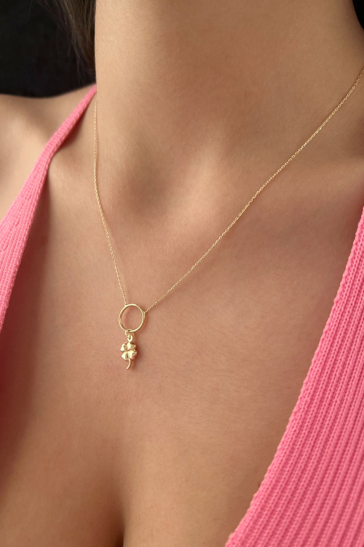 14ct Gold Puff Four Leaf Clover Necklace