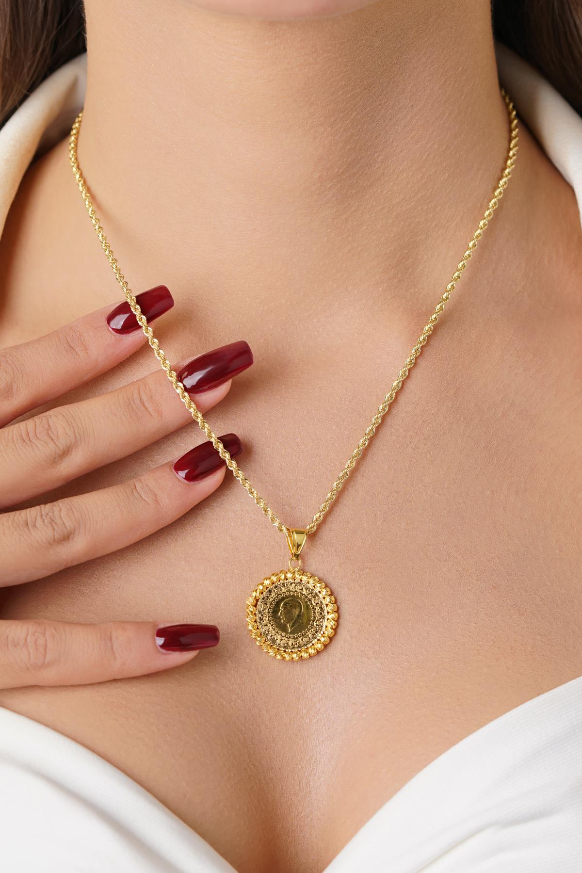 14K Gold Quarter Coin with Twisted Rope Chain Necklace