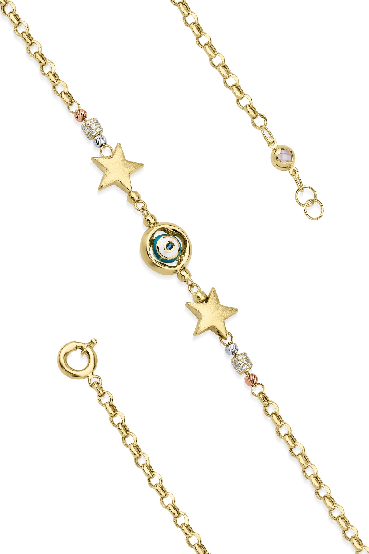 14ct Gold Rolo Bracelet With Stars & Evil Eye