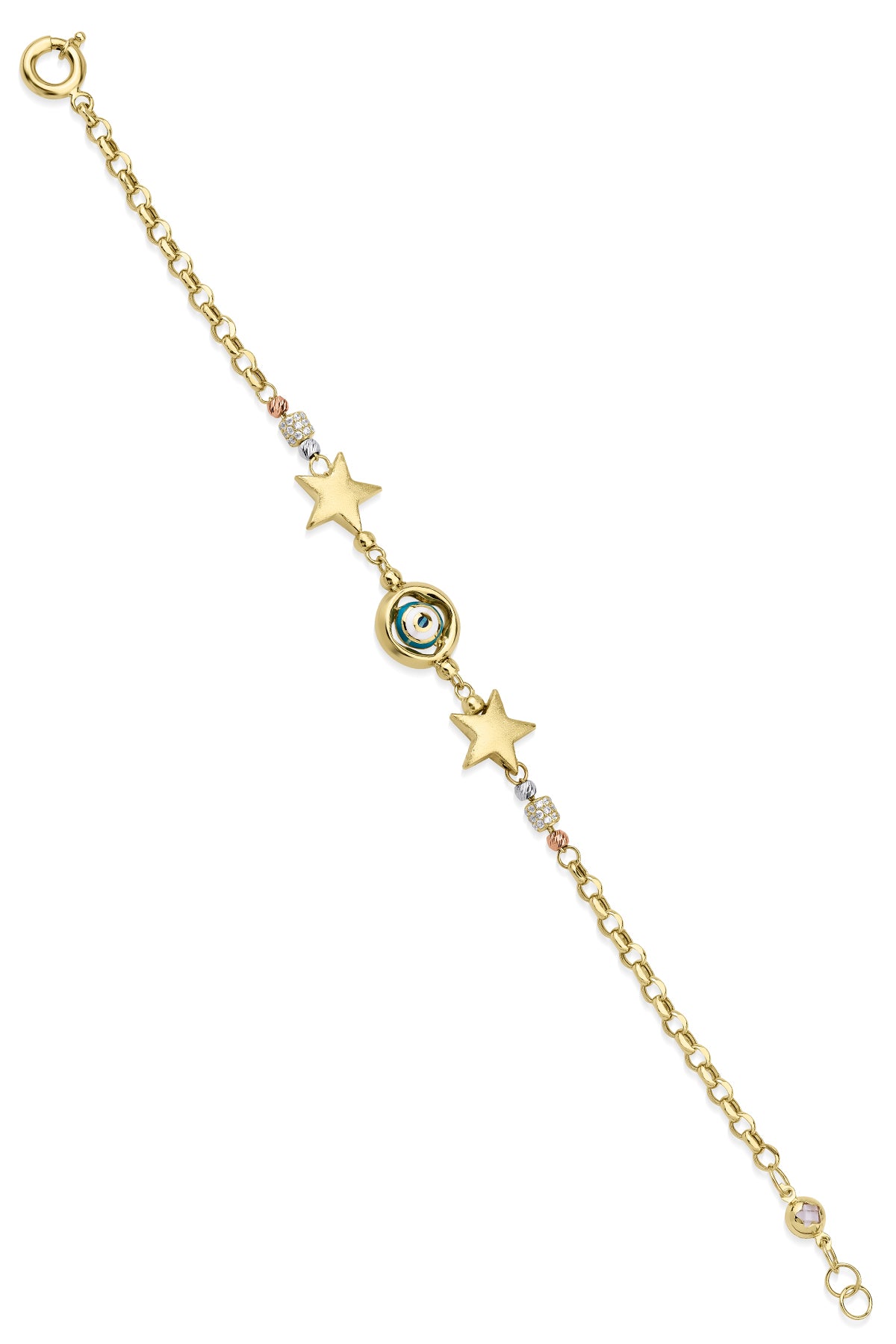 14ct Gold Rolo Bracelet With Stars & Evil Eye