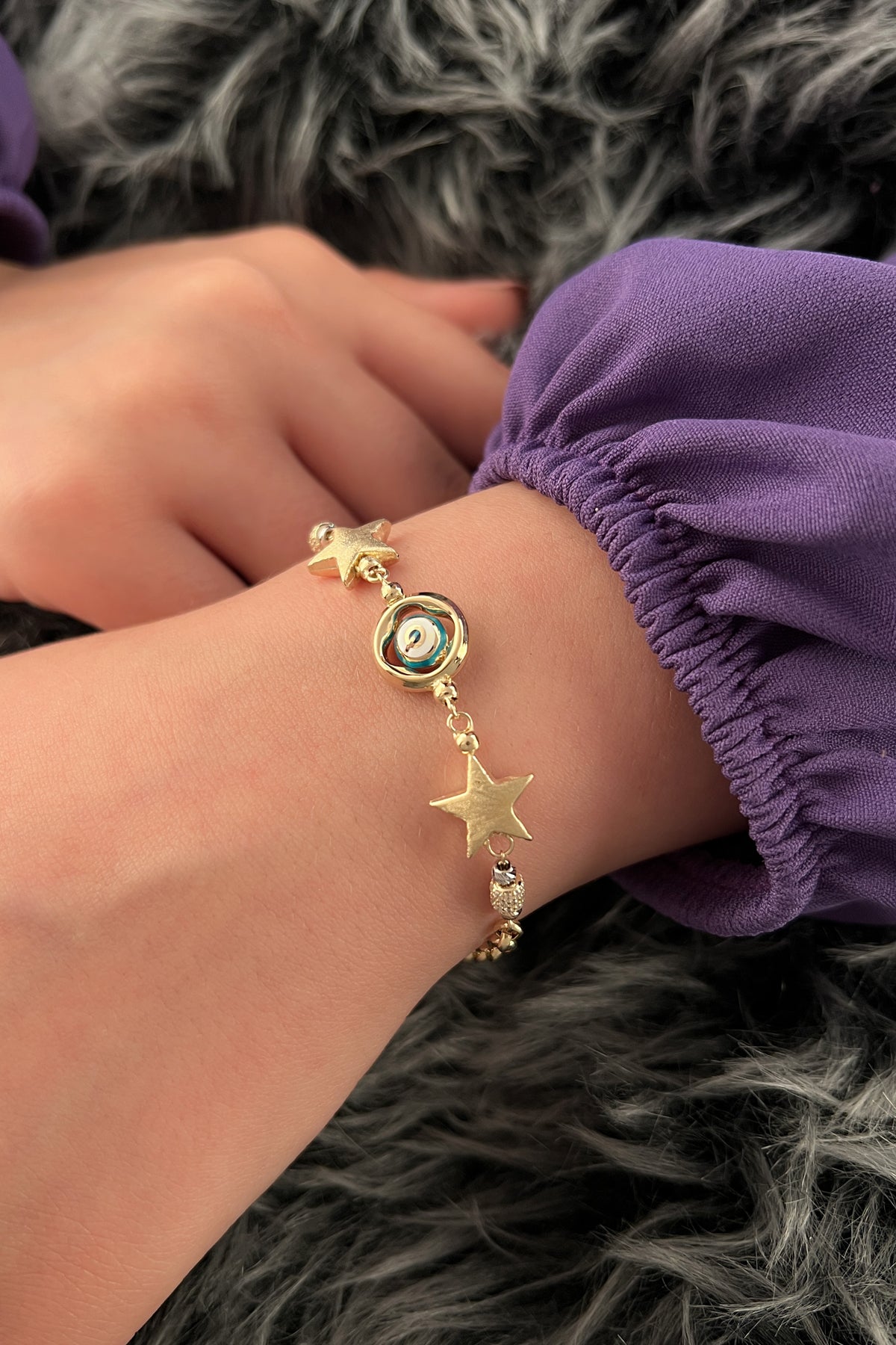 14ct Gold Rolo Bracelet With Stars & Evil Eye