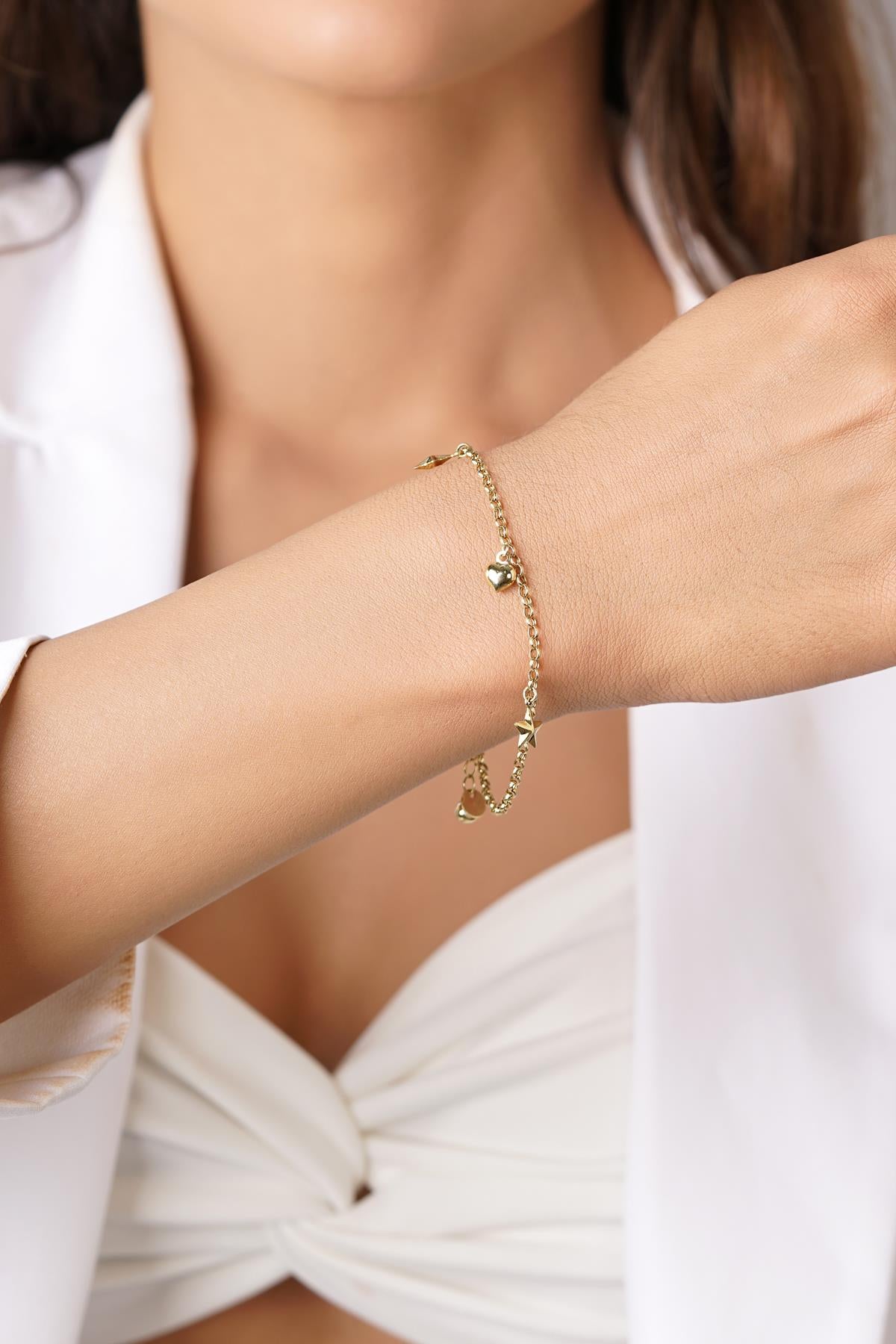 14ct Gold Rolo Star & Heart Charm Bracelet