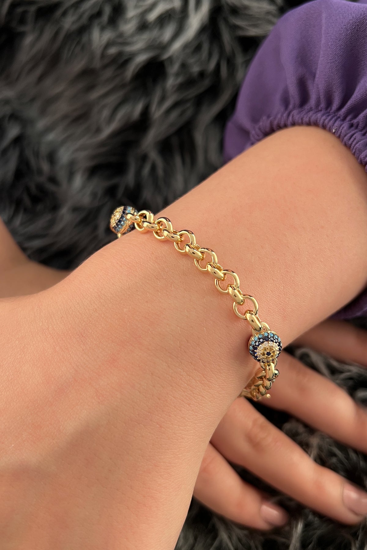 14K Gold Rolo Turquoise Evil Eye Bracelet