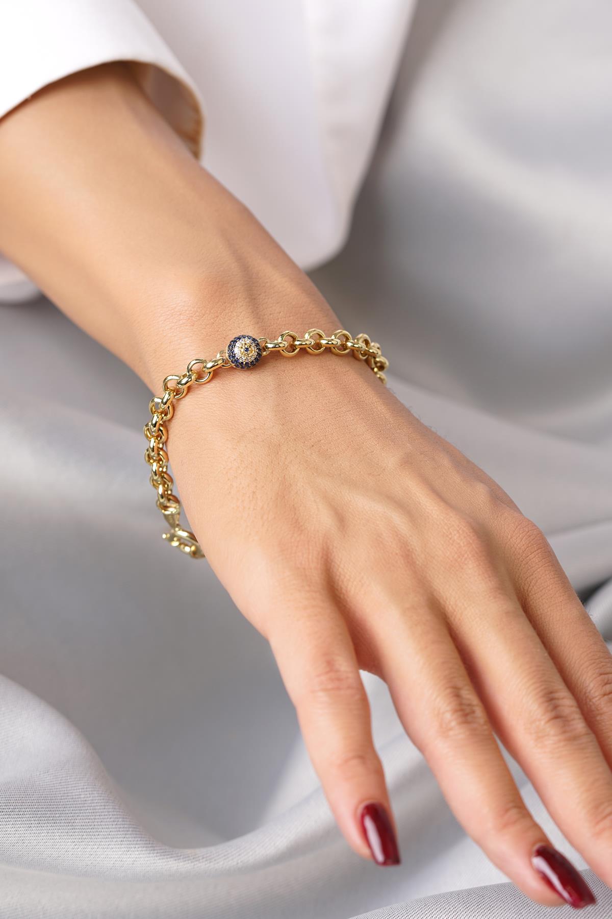 14ct Gold Rolo With 1 Evil Eye Bracelet