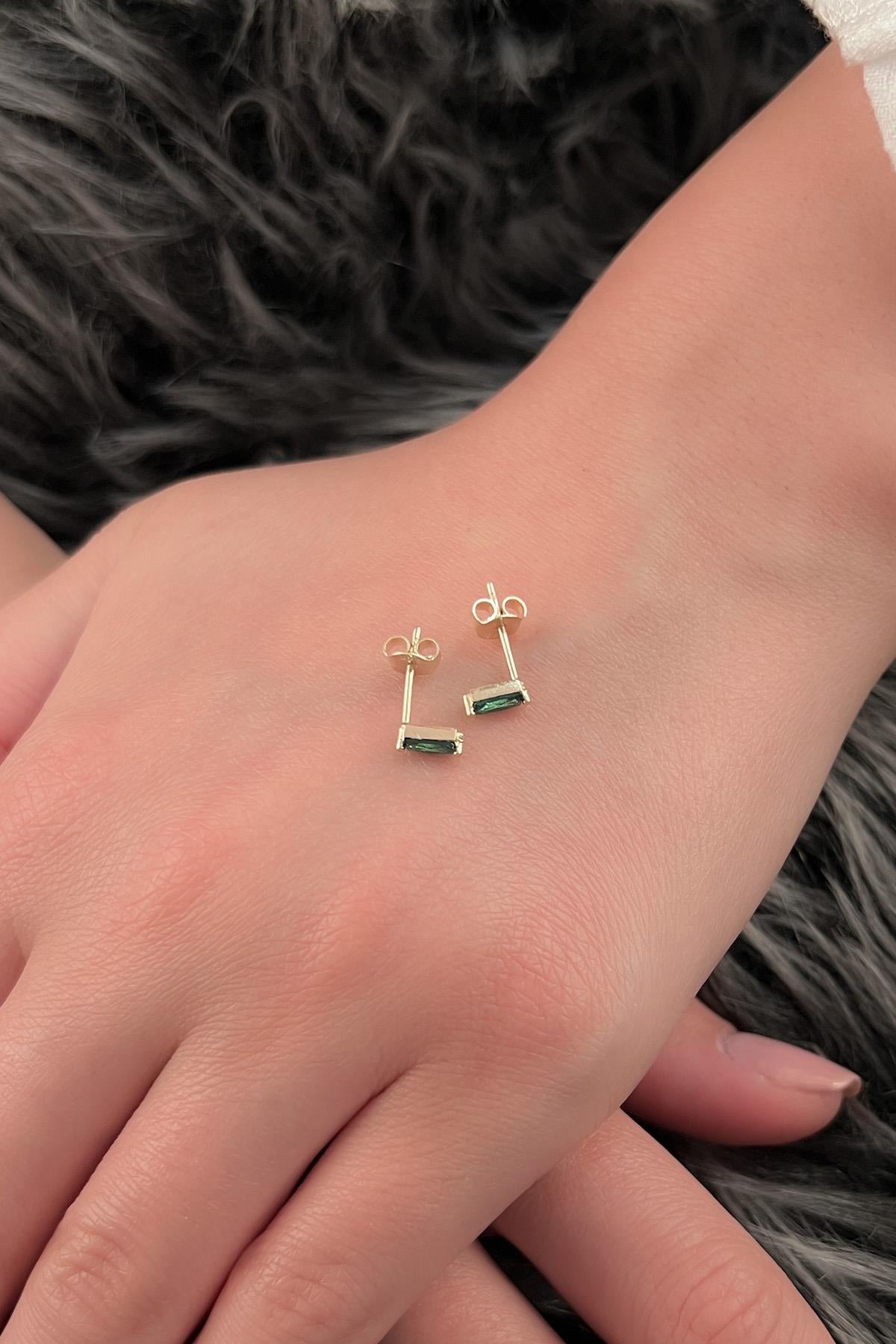 14K Gold Root Emerald Baguette Stud Earrings
