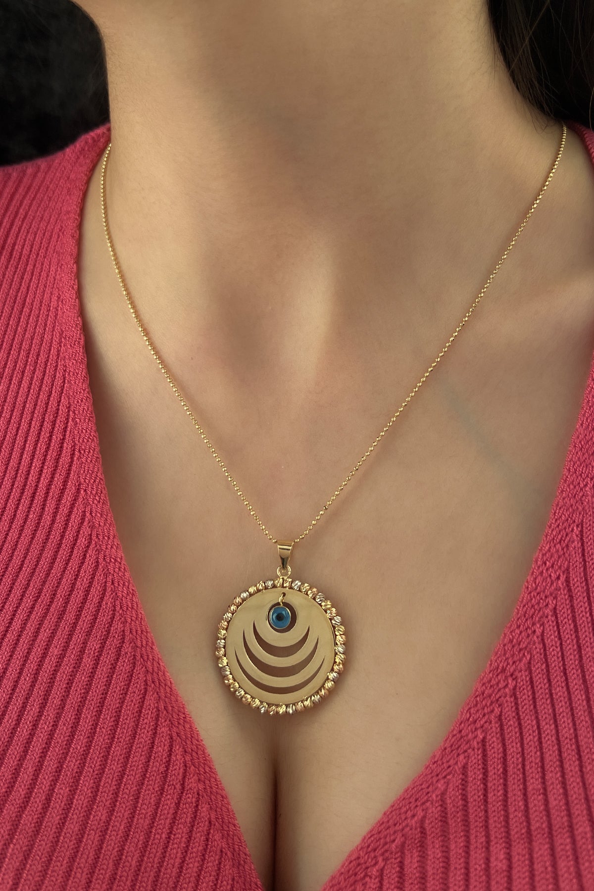 14K Gold Round Plate Dorica Evil Eye Necklace
