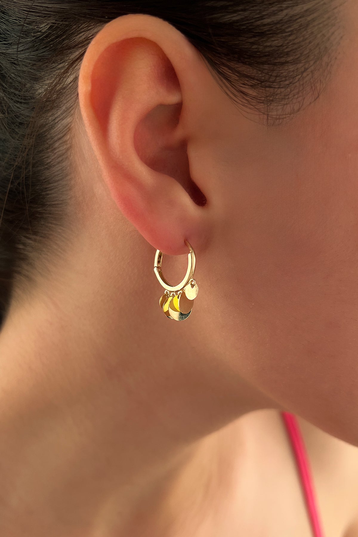 14ct Gold Round Sequin Dangle Huggie Earrings 2