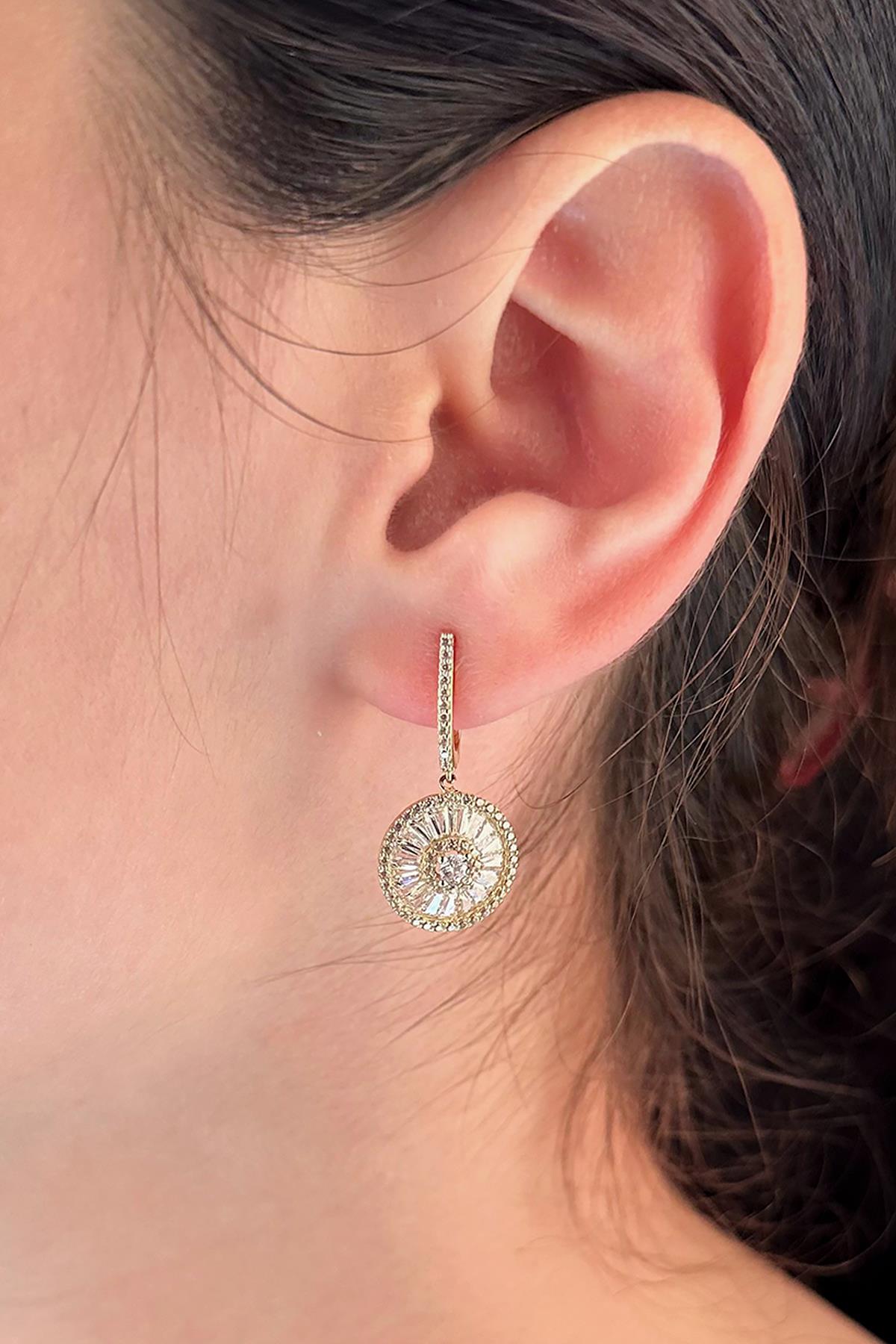 14K Gold Round Stone Drop Huggie Earrings