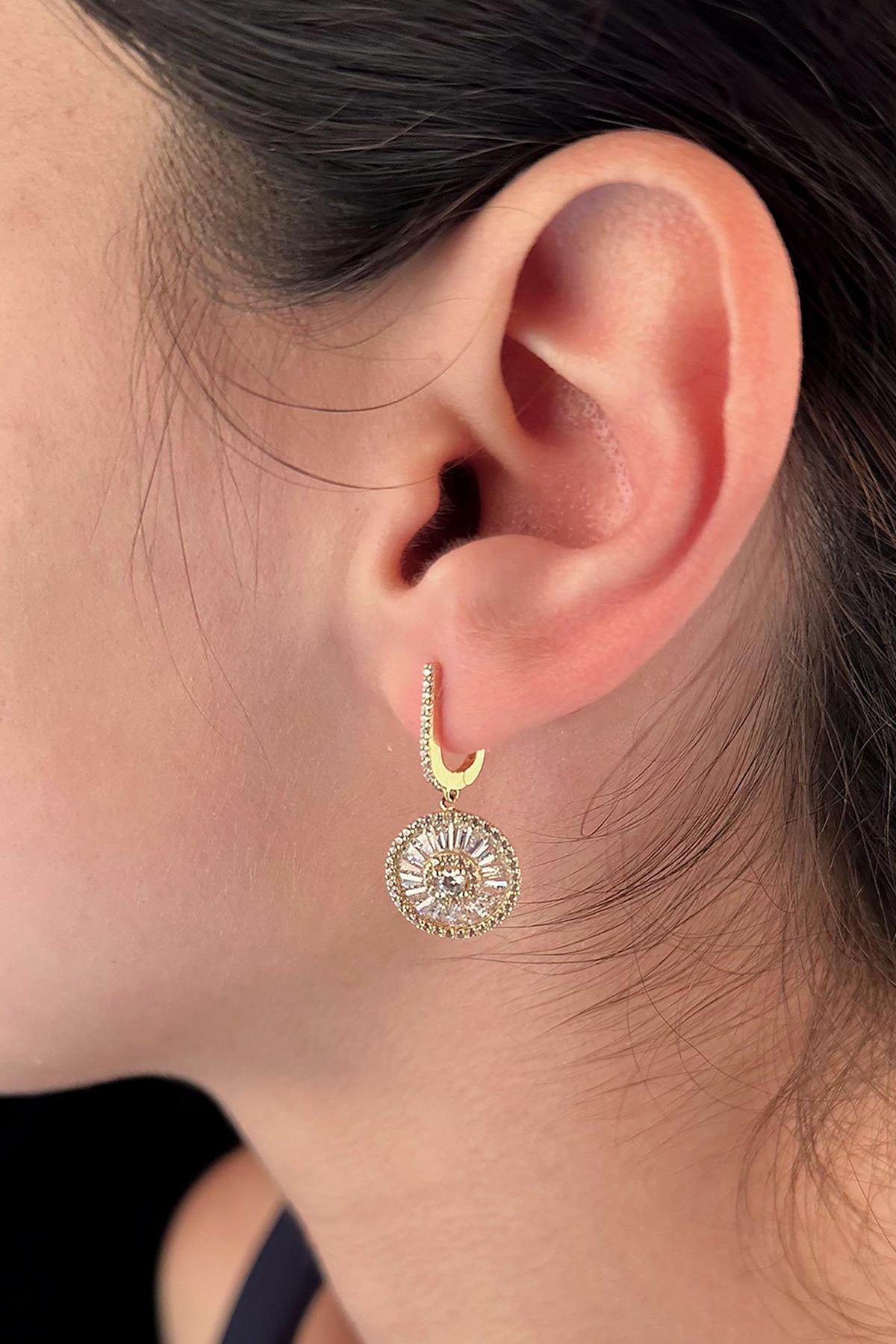 14K Gold Round Stone Drop Huggie Earrings