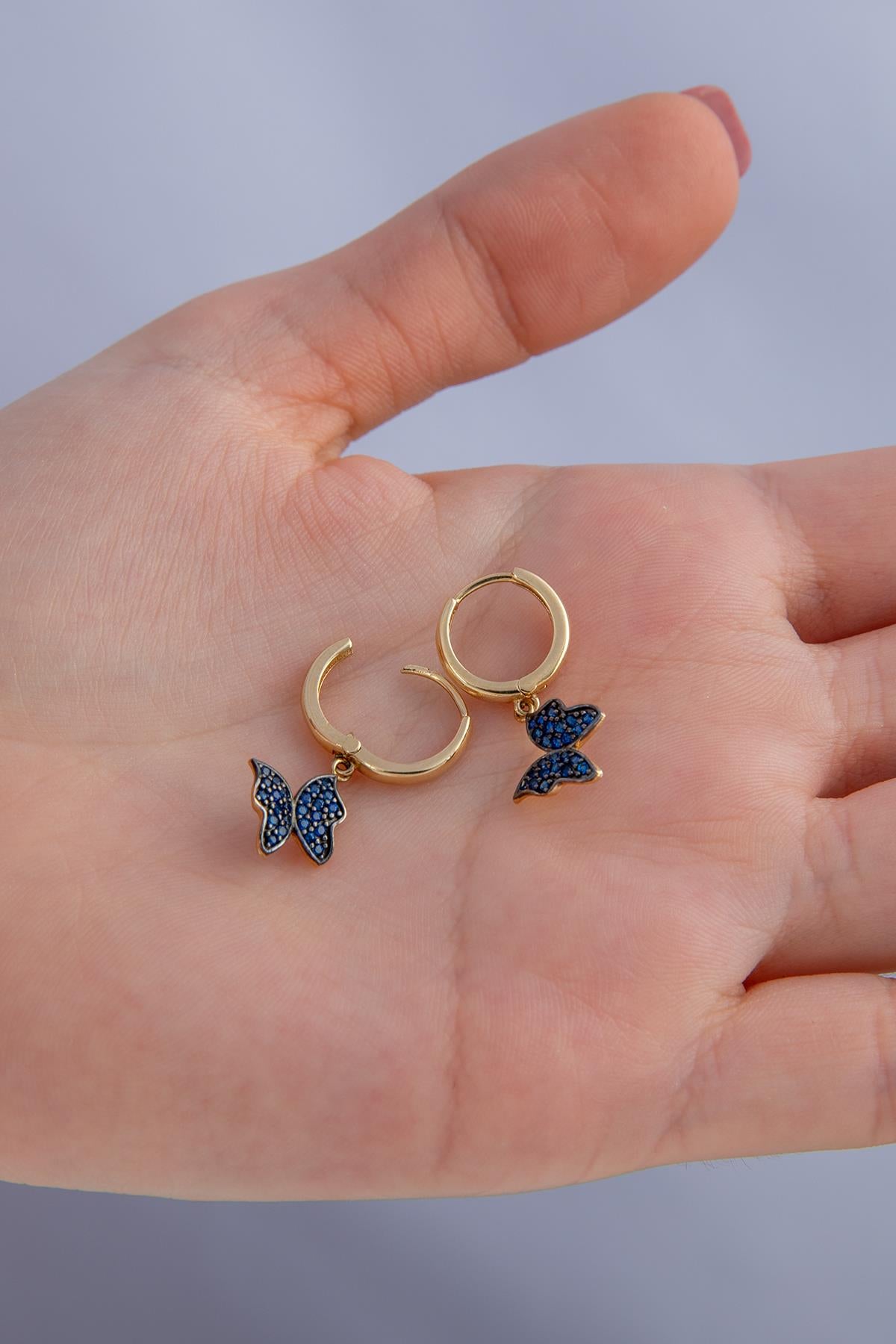 14ct Gold Sapphire Stone Butterfly Huggie Earrings