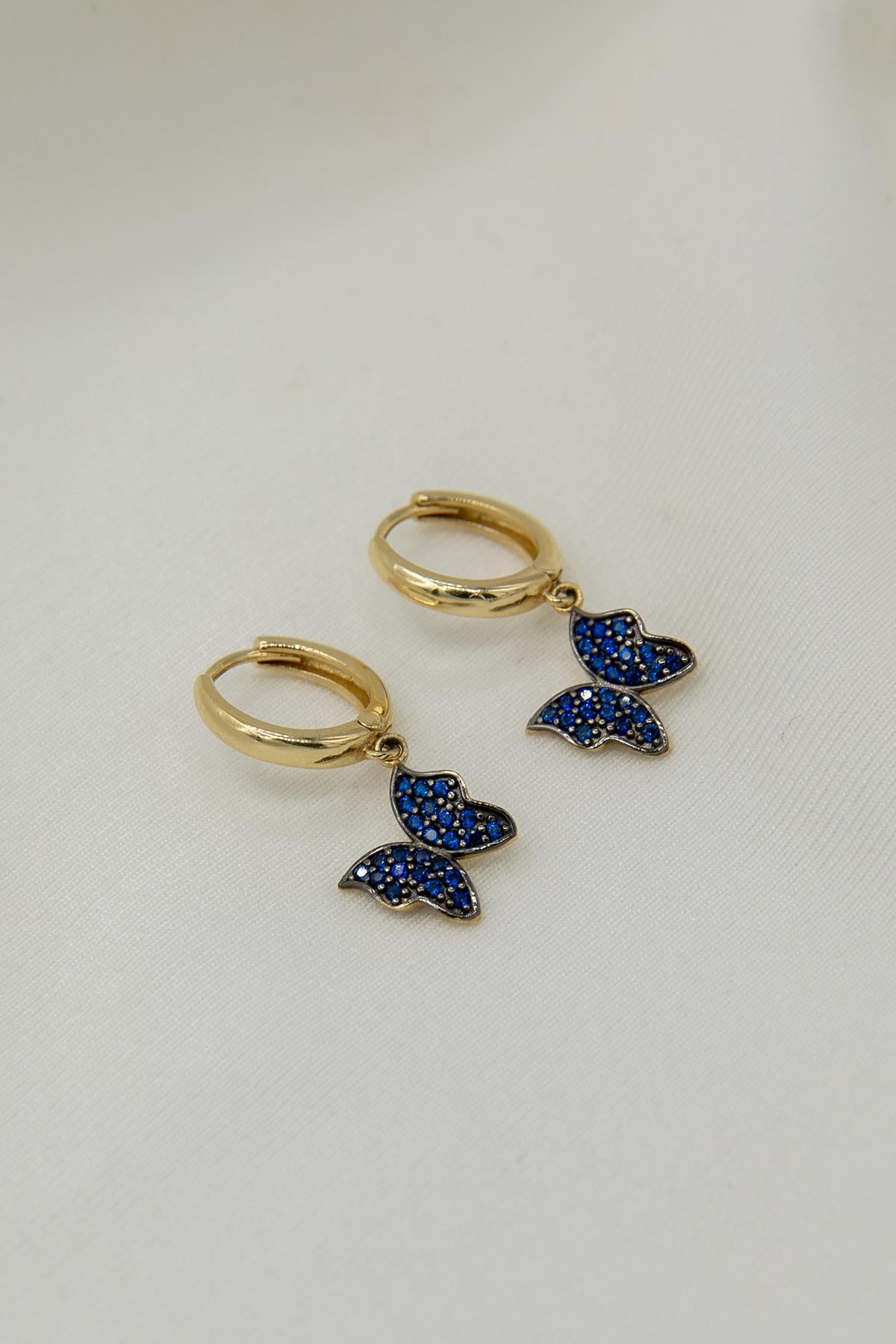 14ct Gold Sapphire Stone Butterfly Huggie Earrings