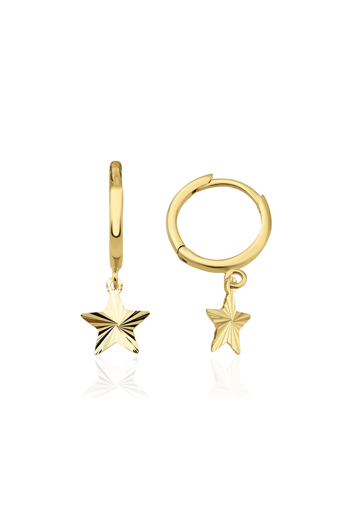 14ct Gold Shiny Star Dangle Huggie Earrings
