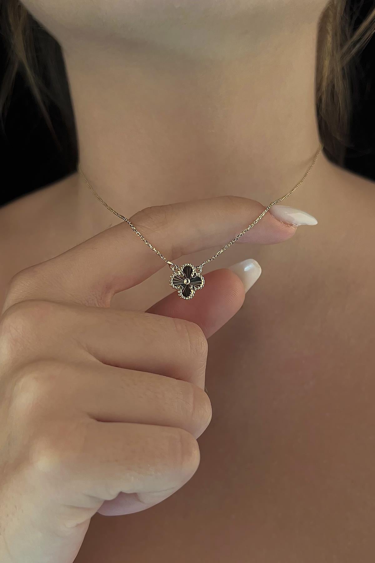 14K Gold Small Size Sunburst Clover Necklace
