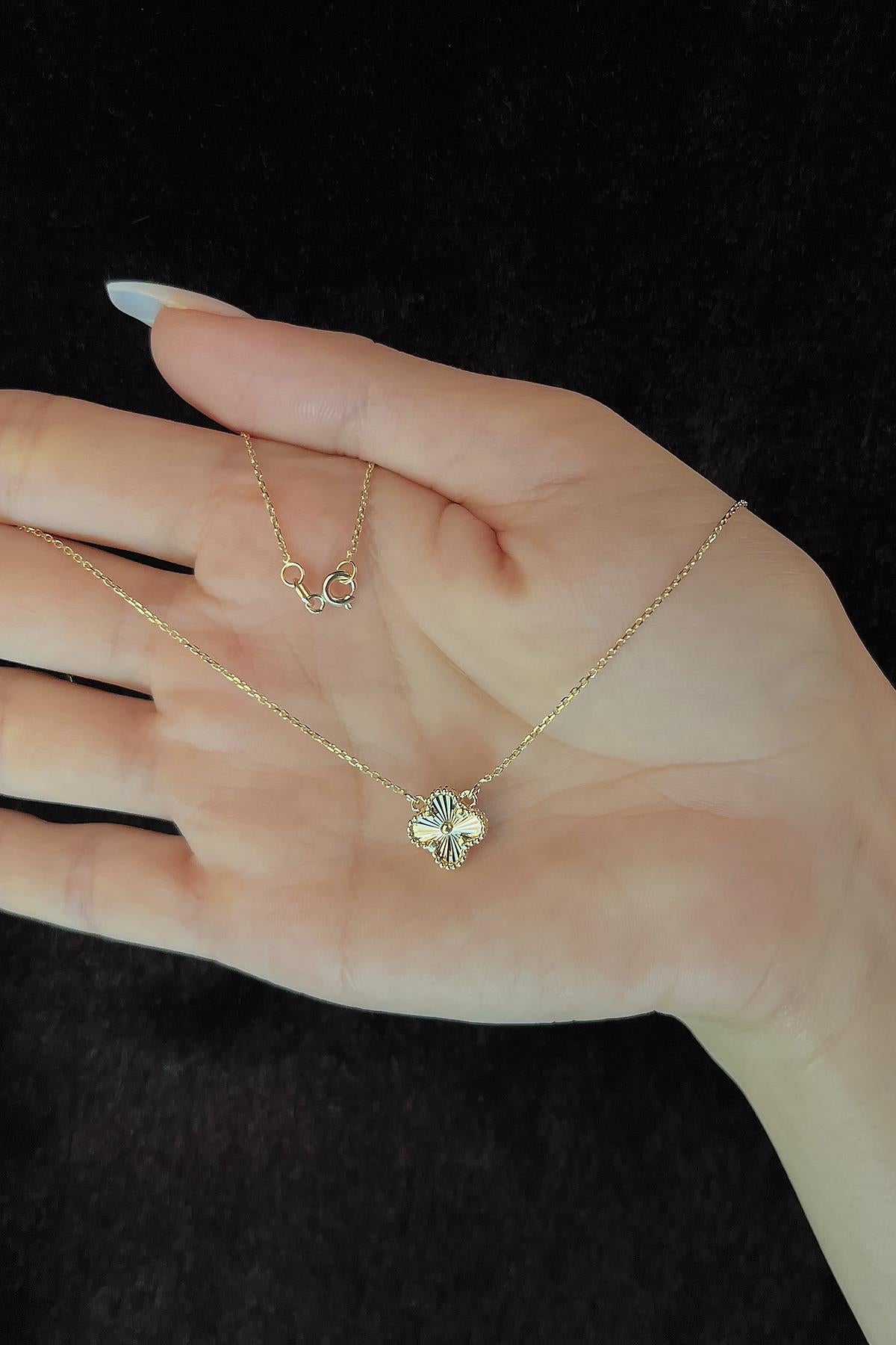 14K Gold Small Size Sunburst Clover Necklace