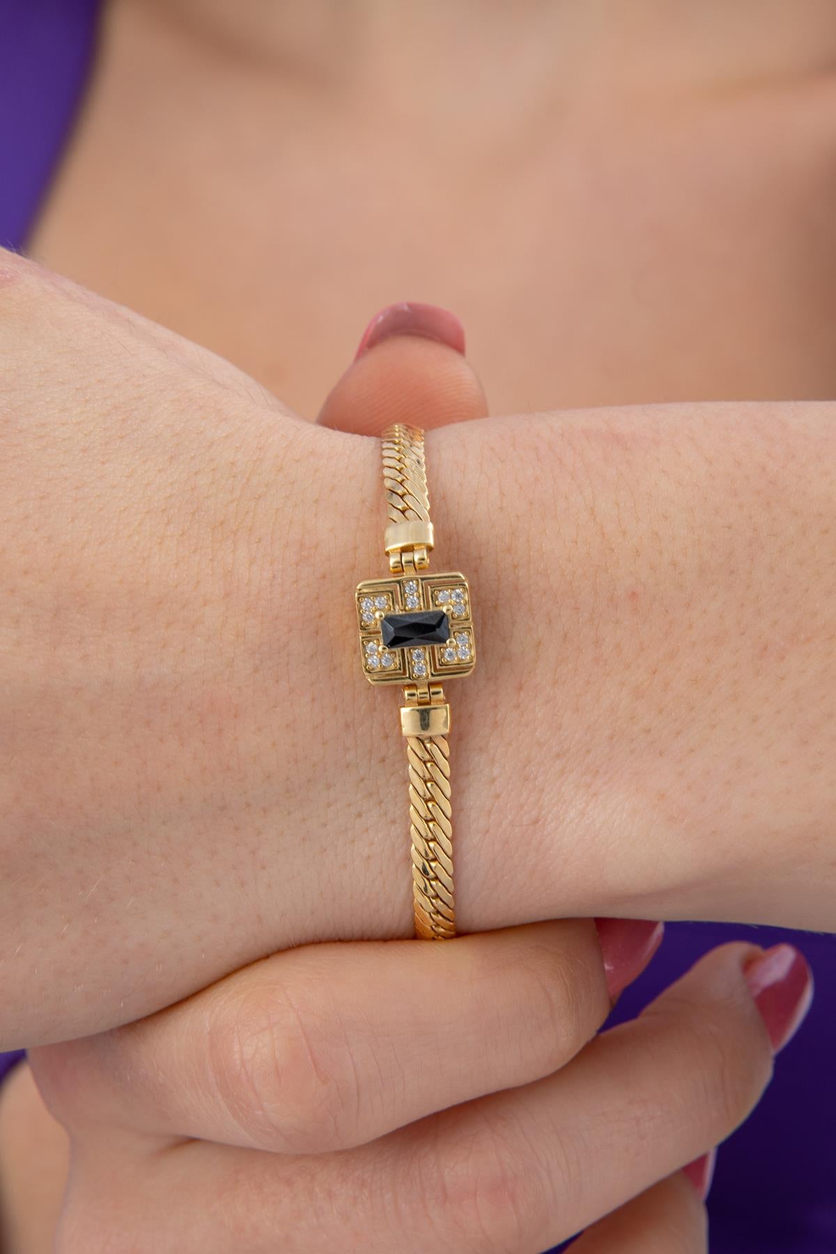 14ct Gold Snake Chain Black Baguette Bracelet