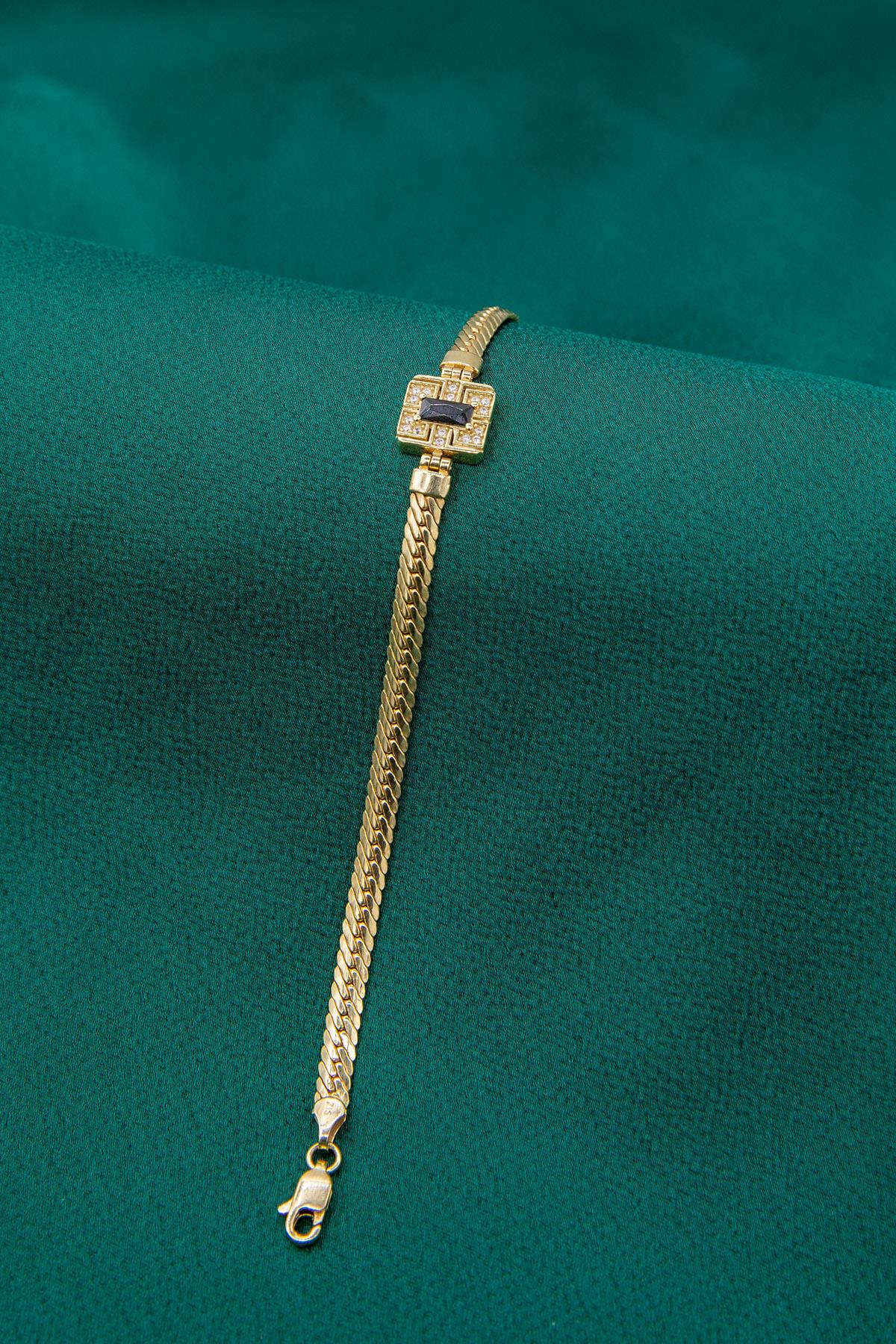 14ct Gold Snake Chain Black Baguette Bracelet