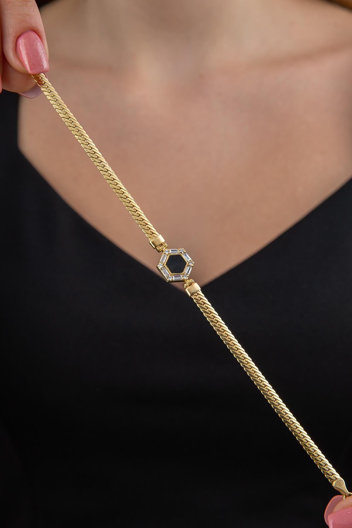 14ct Gold Snake Chain Black Enamel Hexagon Shaped Bracelet