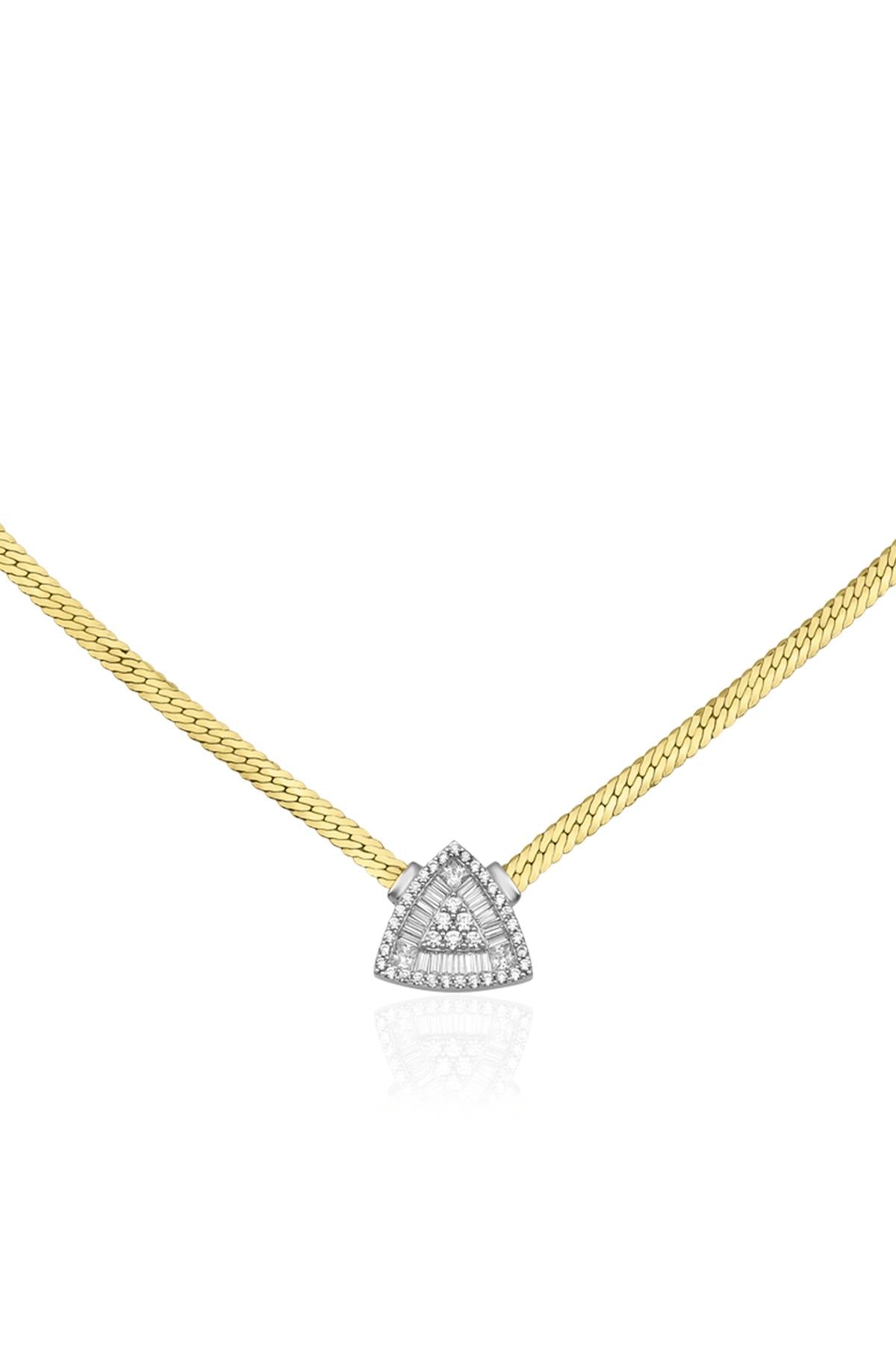 14K Gold Snake Chain Triangle Shape Baguette Necklace
