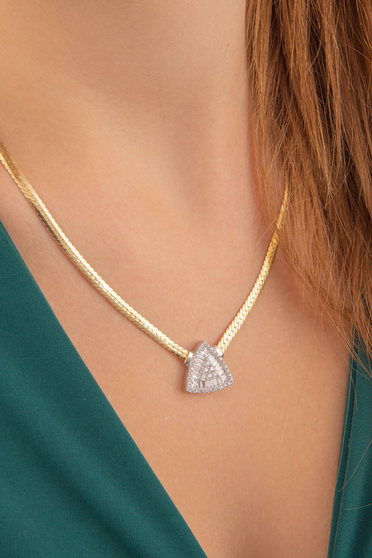 14K Gold Snake Chain Triangle Shape Baguette Necklace