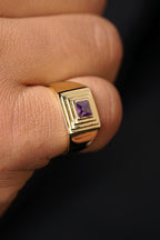14ct Gold Square Striped Amethyst Stone Ring