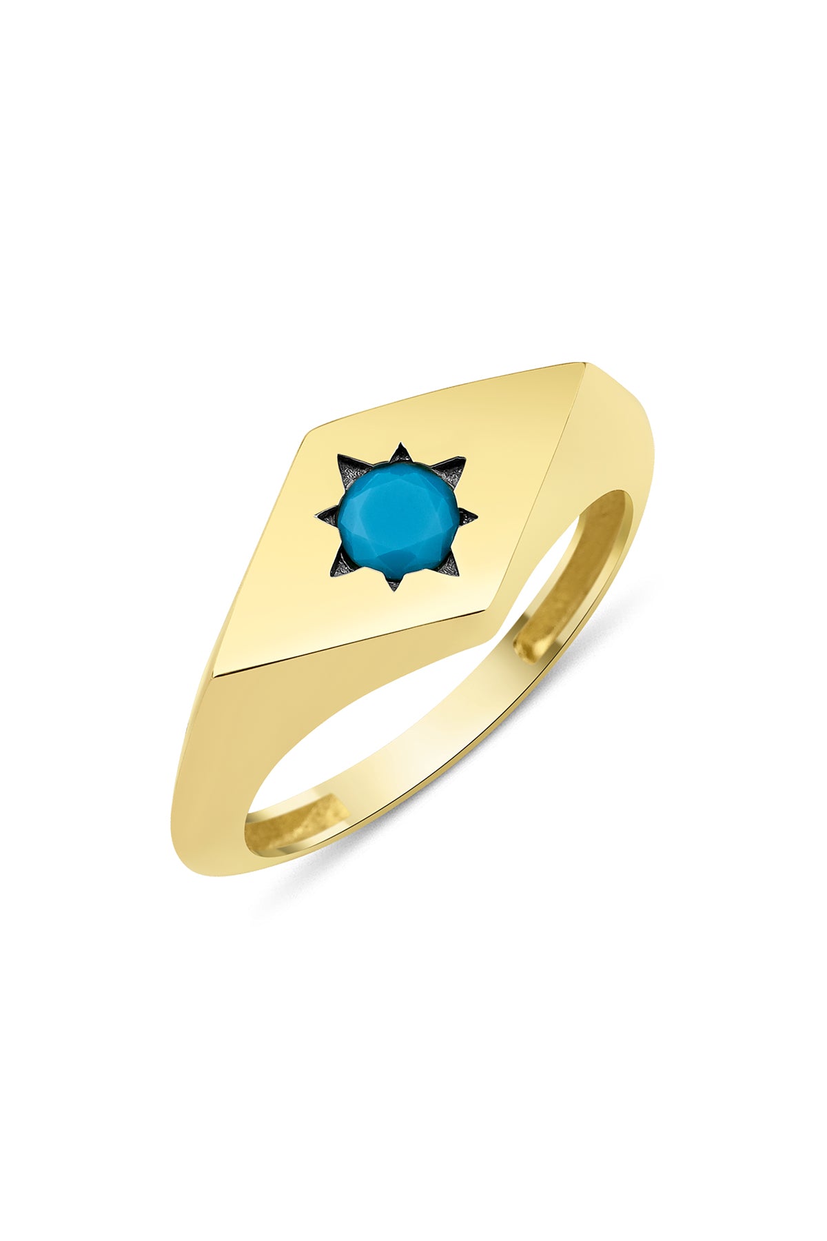 14K Gold Star Burst Signet Ring With Turquoise Blue Stone