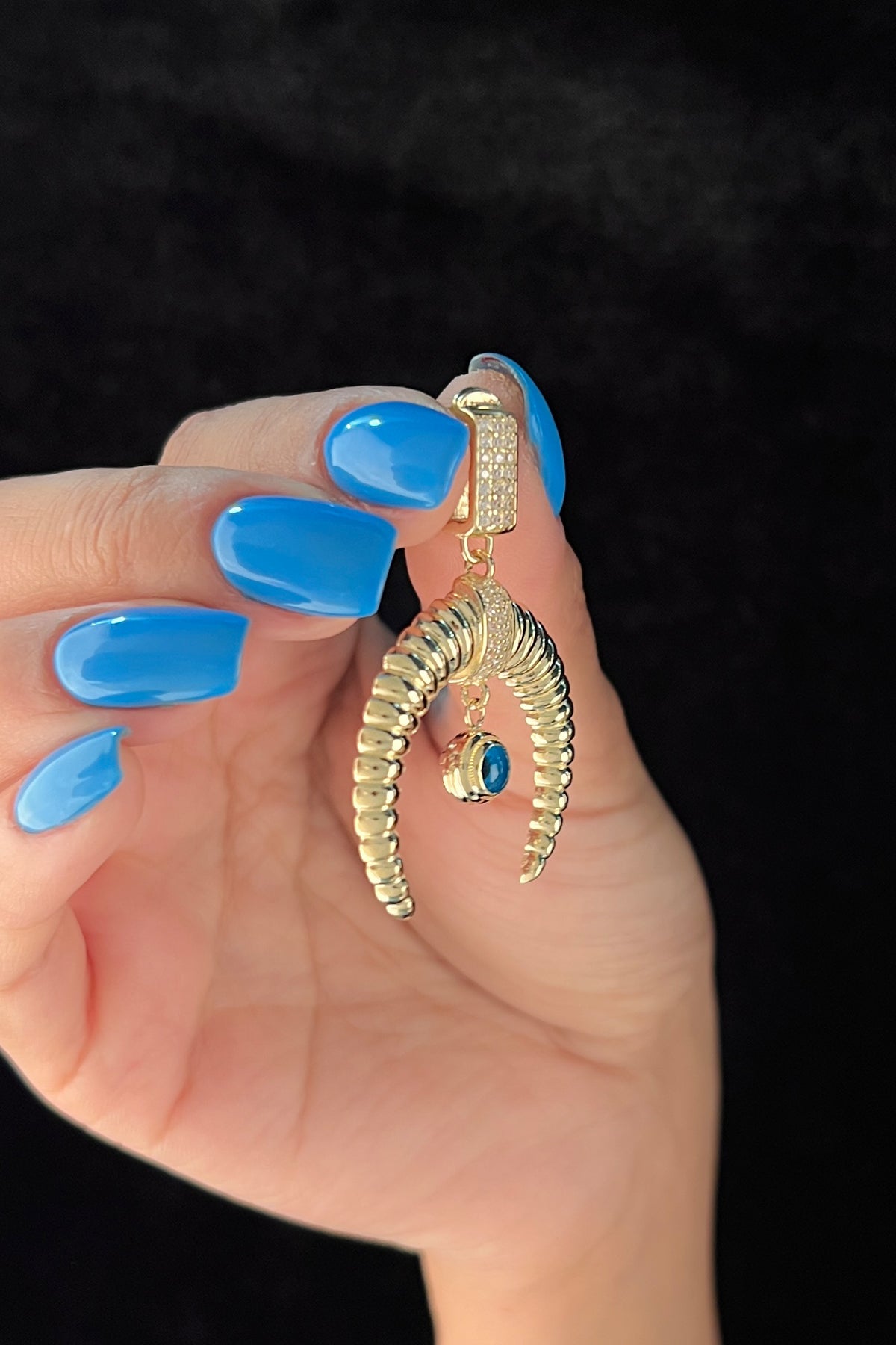 14ct Gold Stone Locket Eye Detailed Inverted Moon Large Charm