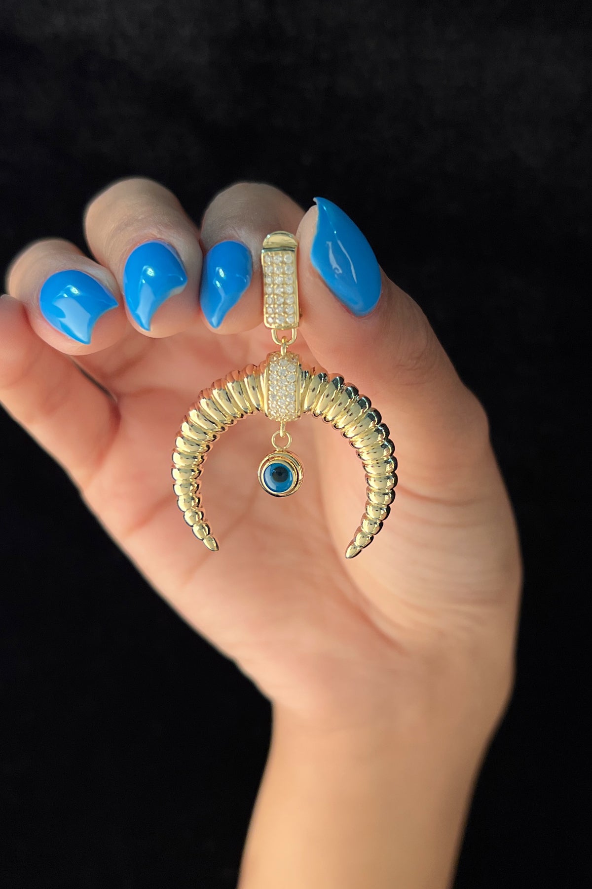 14ct Gold Stone Locket Eye Detailed Inverted Moon Large Charm