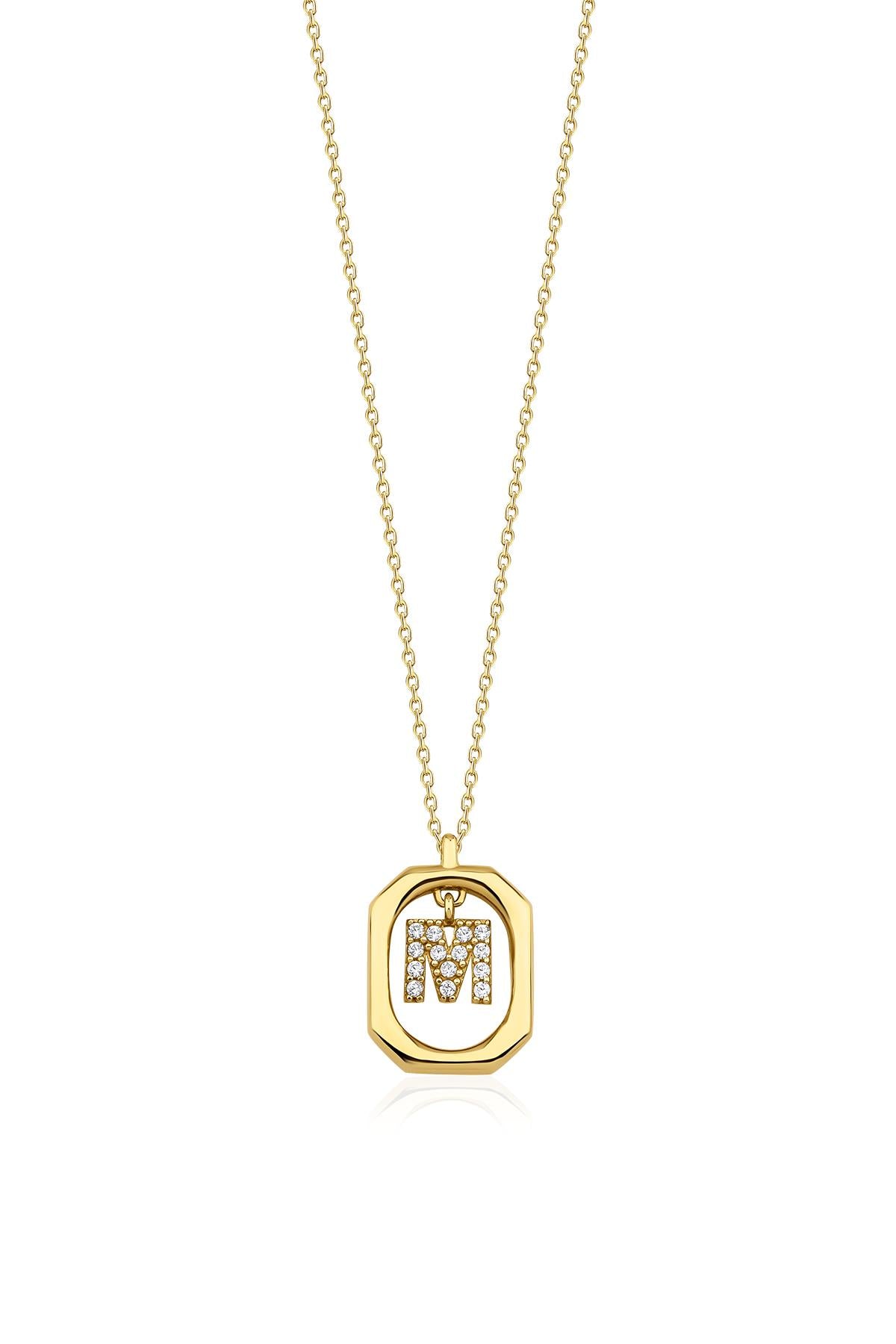 14K Gold Stone M Initial Necklace