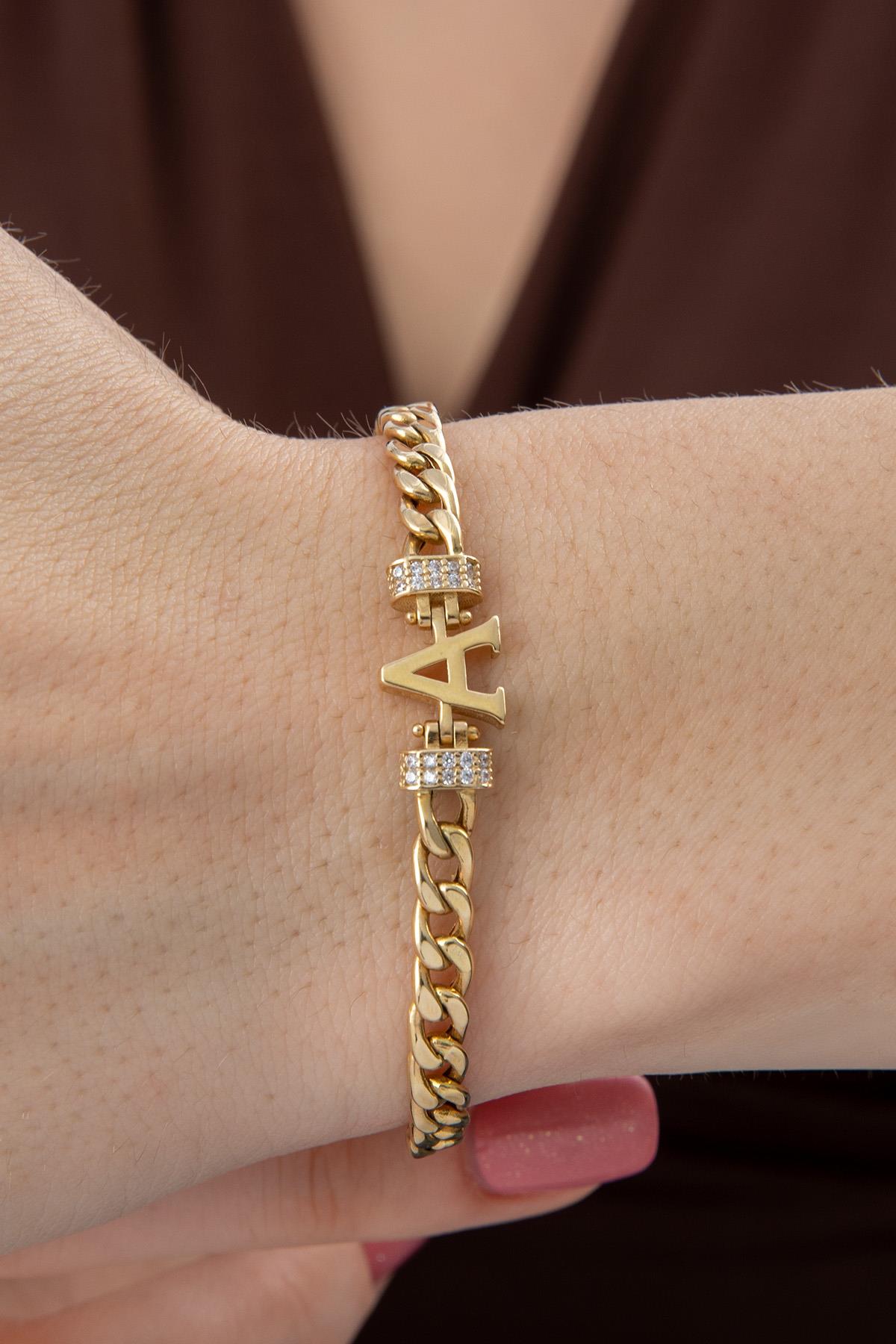 14K Gold Stone Personalized  A Initial Letter Bracelet