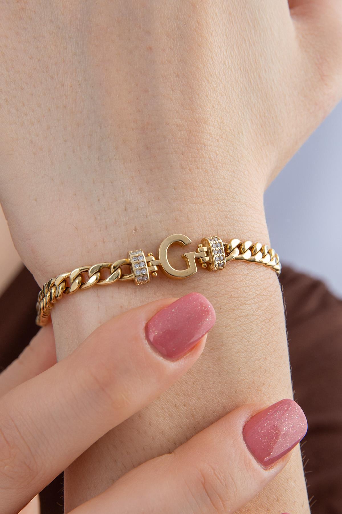 14K Gold Stone Personalized  G Initial Letter Bracelet