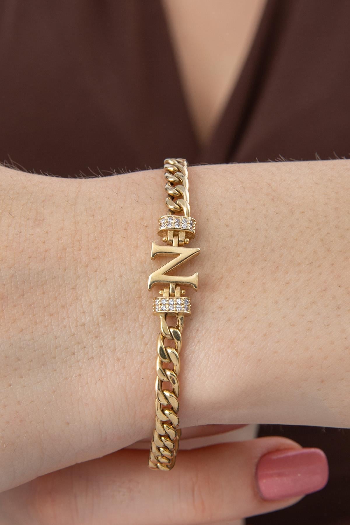 14K Gold Stone Personalized  N Initial Letter Bracelet