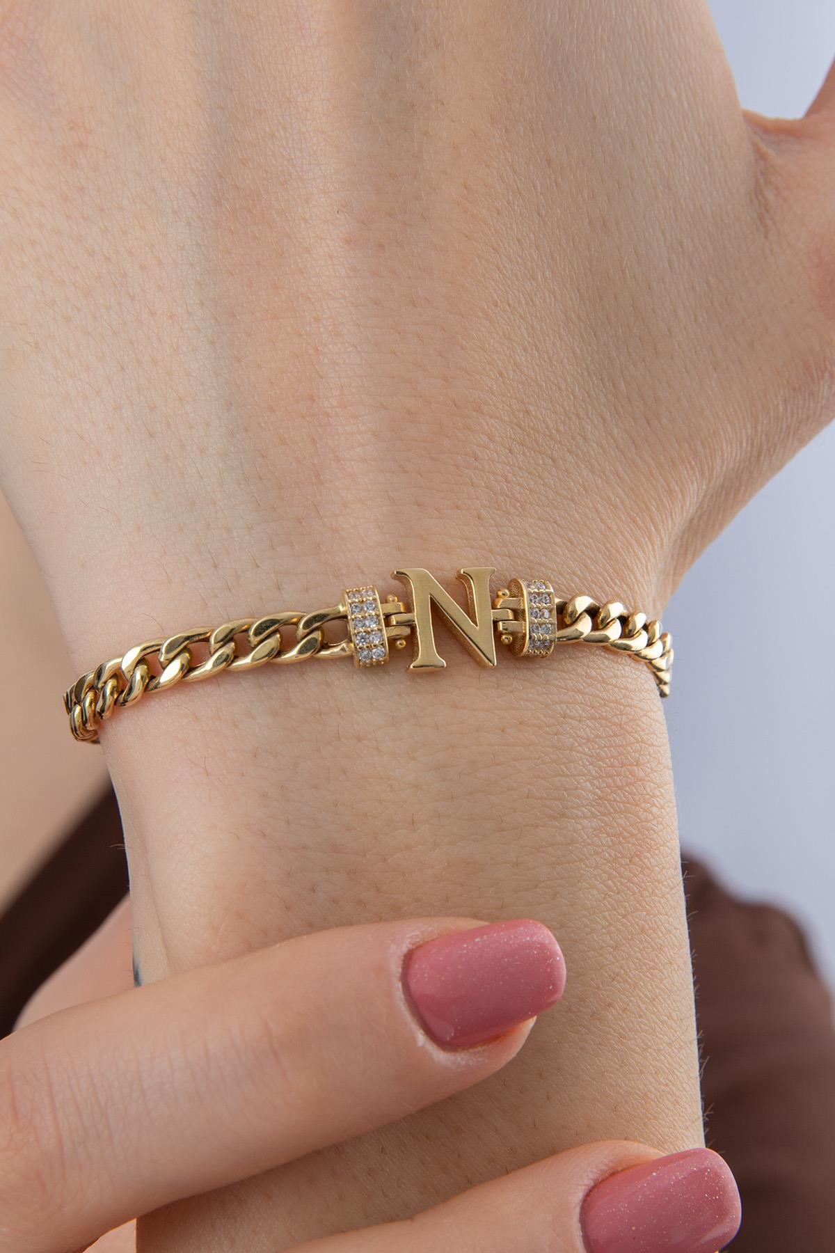 14K Gold Stone Personalized  N Initial Letter Bracelet