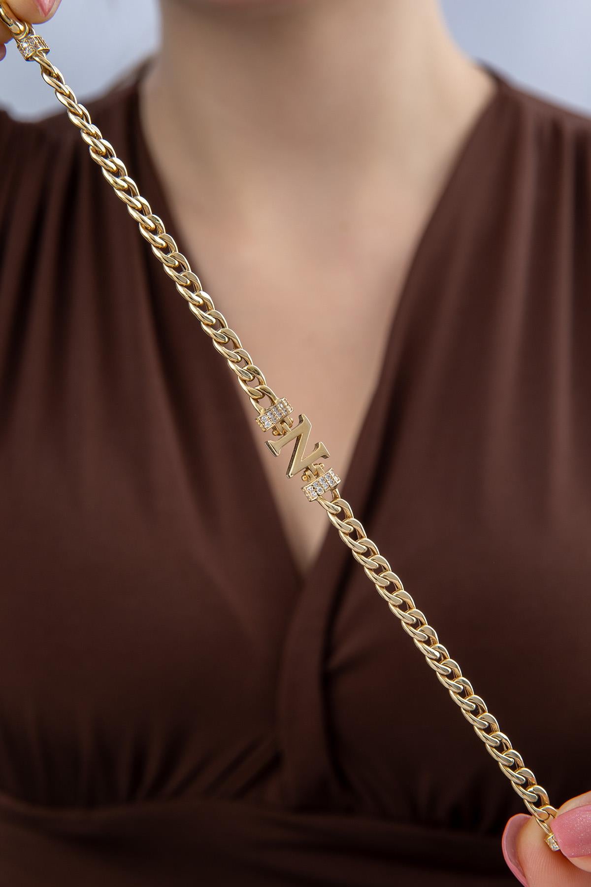 14ct Gold Stone Personalized  N Initial Letter Bracelet