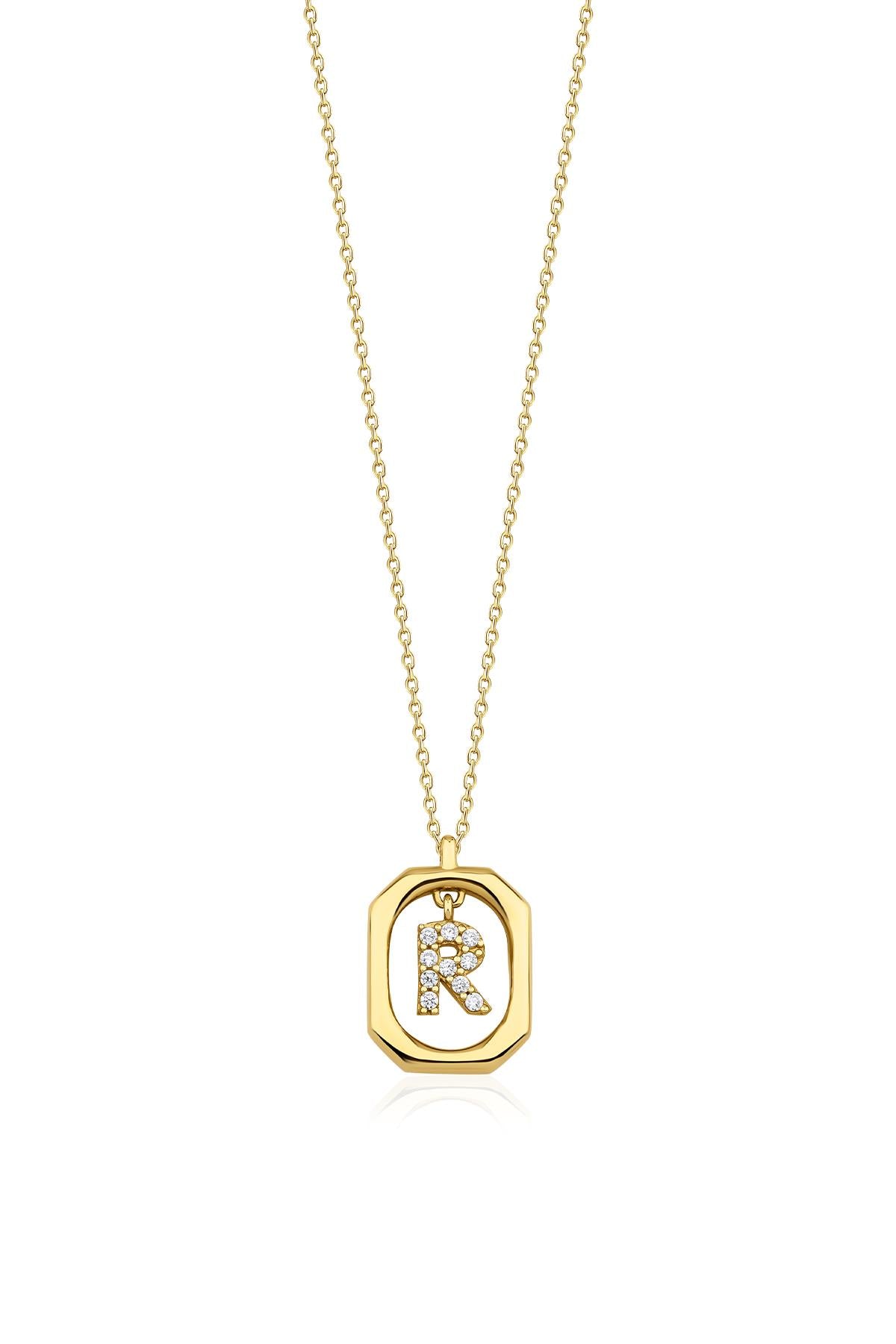 14ct Gold Stone R Initial Necklace