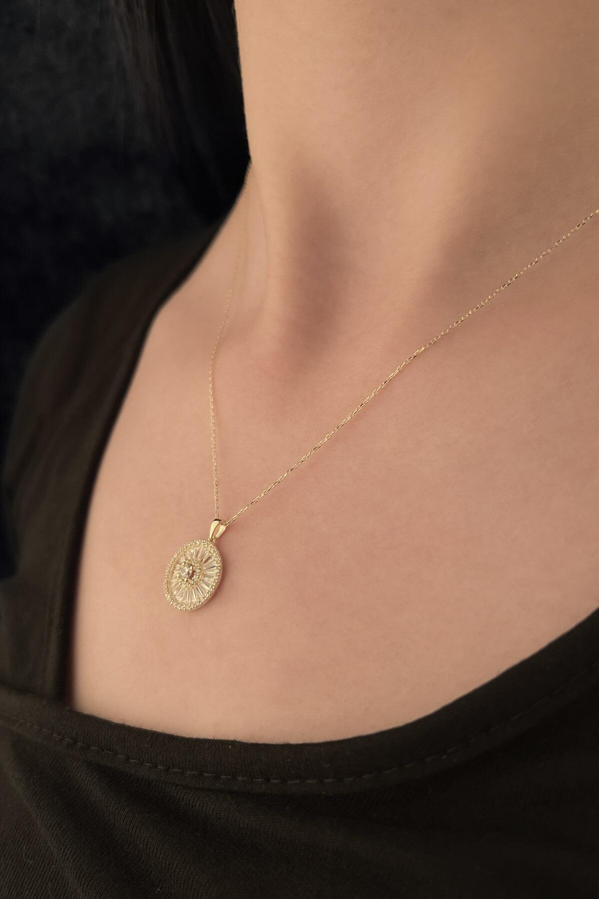 14K Gold Stone Round & Baguette Circle Cluster Necklace