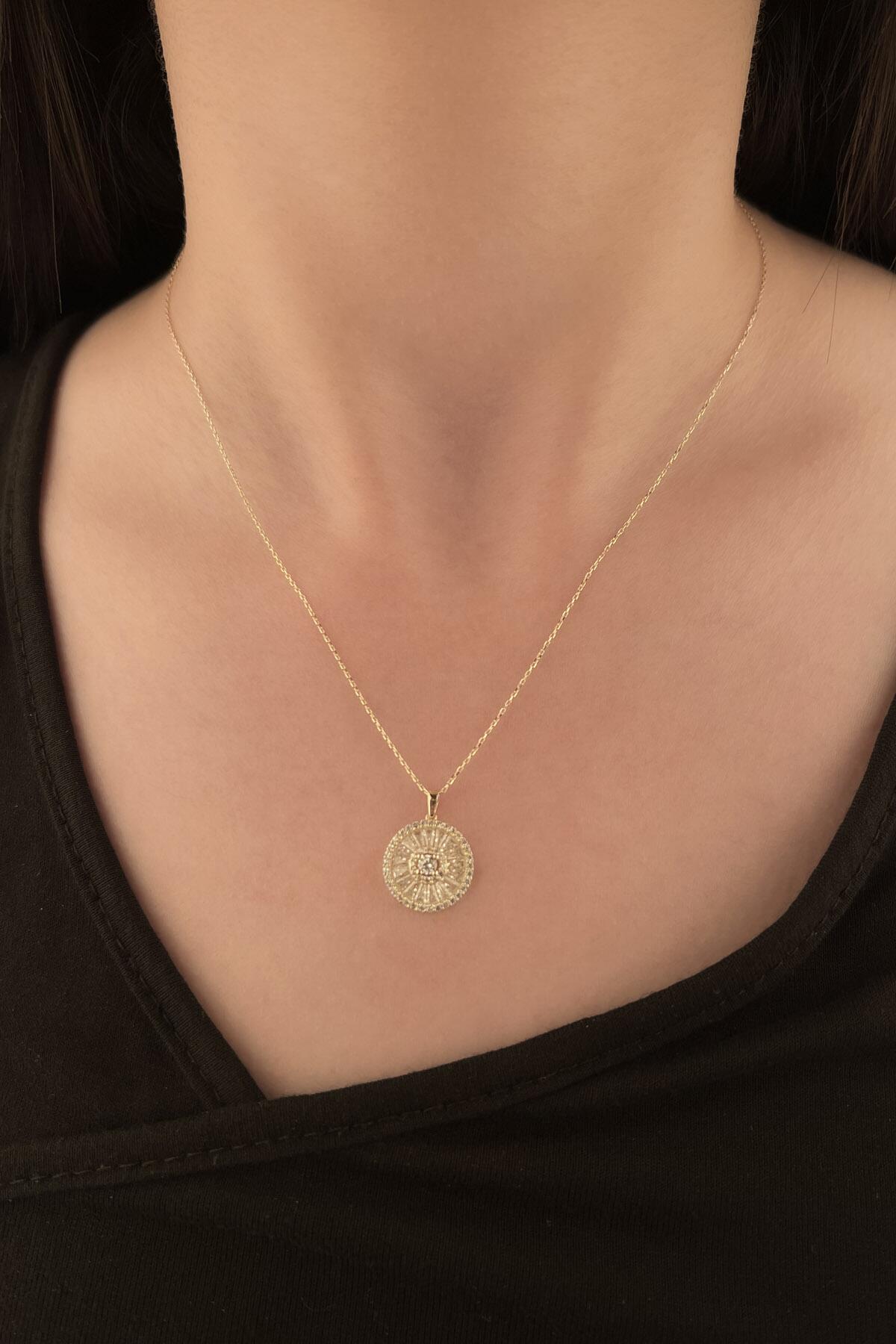 14K Gold Stone Round & Baguette Circle Cluster Necklace