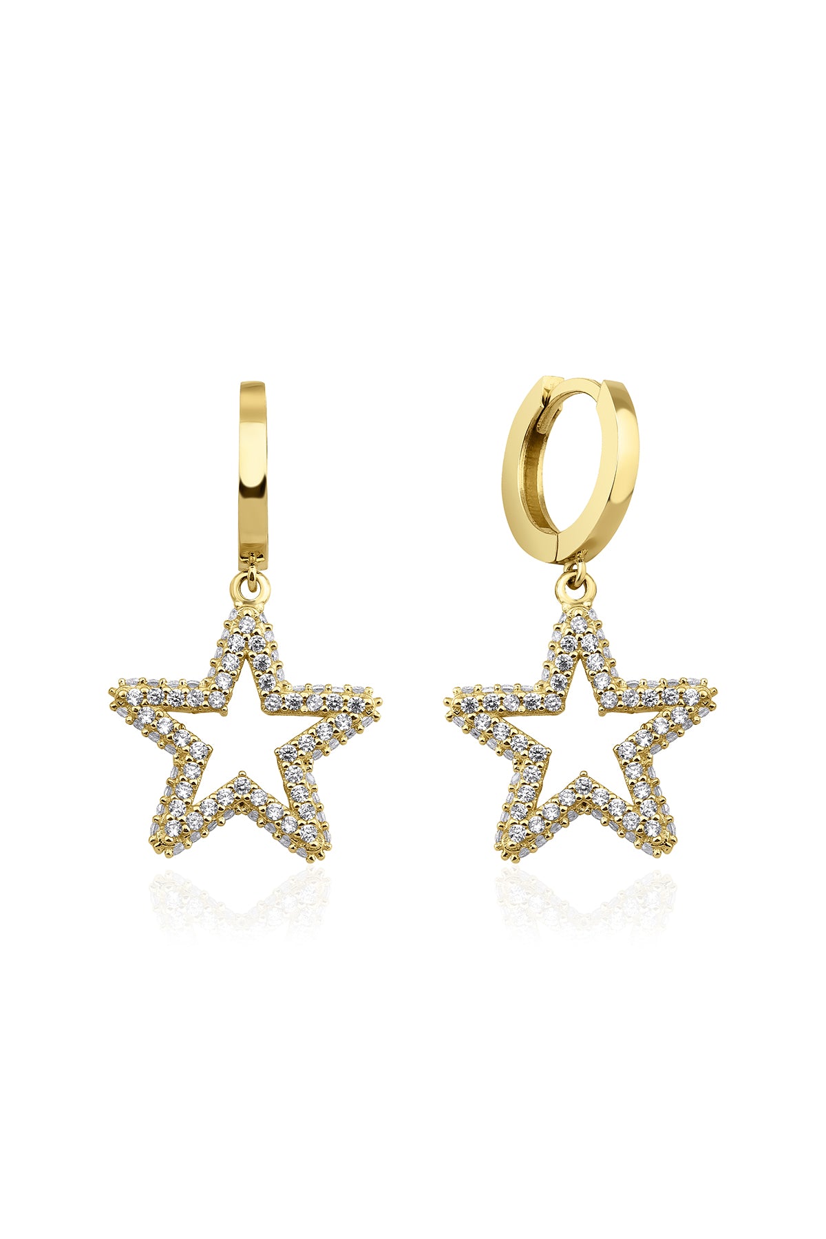 14K Gold Stone Star Dangle Huggie Hoop Earrings