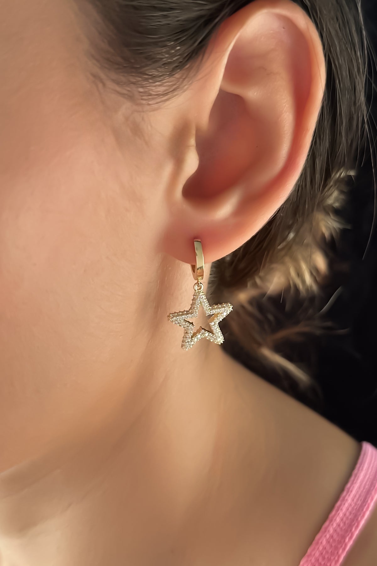 14K Gold Stone Star Dangle Huggie Hoop Earrings